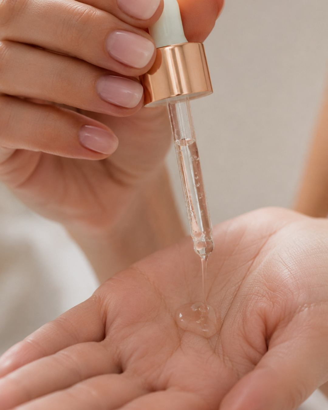 Woman applying face serum to her hands as part of a simple, budget-friendly glow up skincare routine.