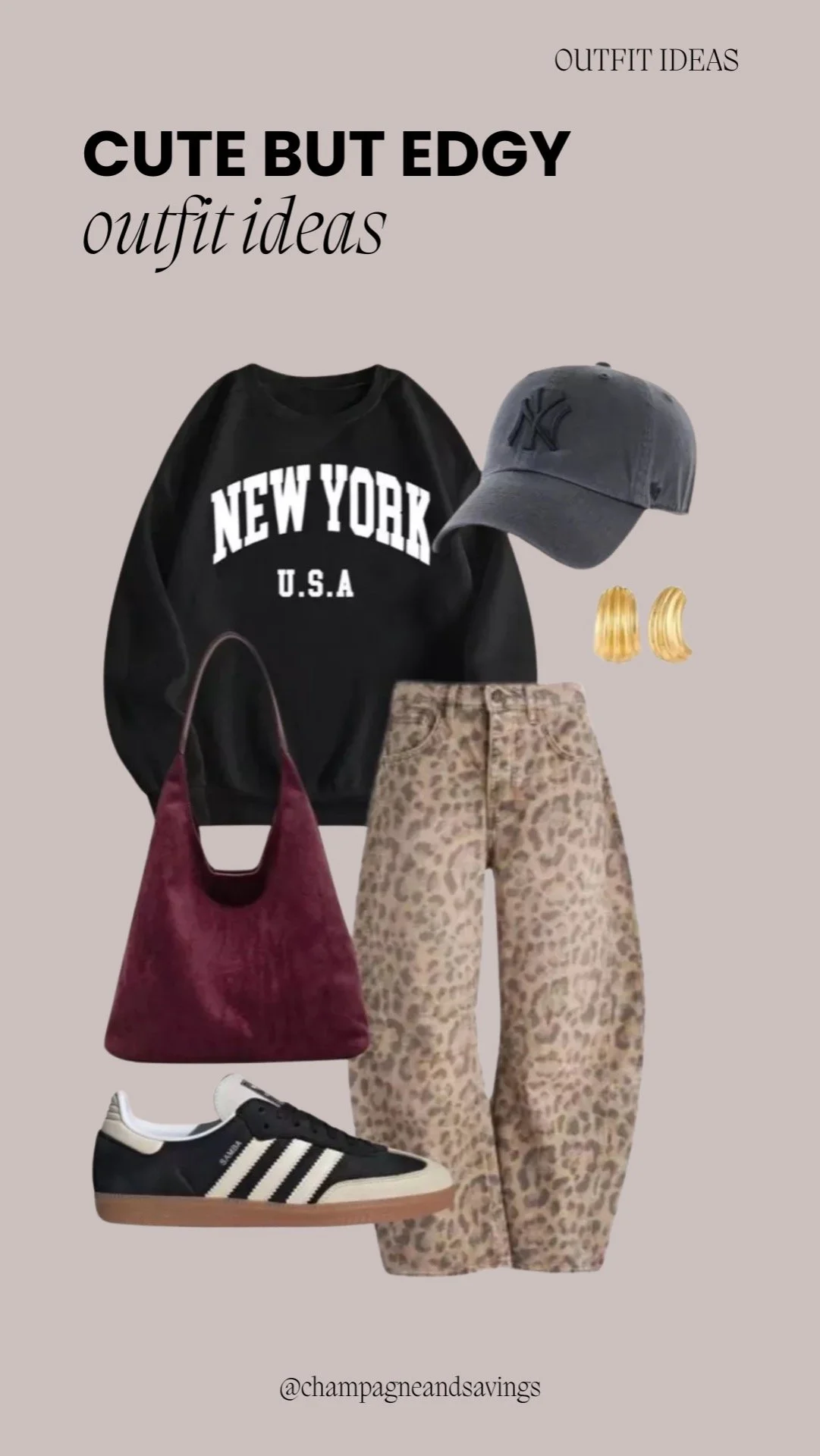 Graphic sweatshirt styled with leopard print pants and sneakers for a trendy, casual look
