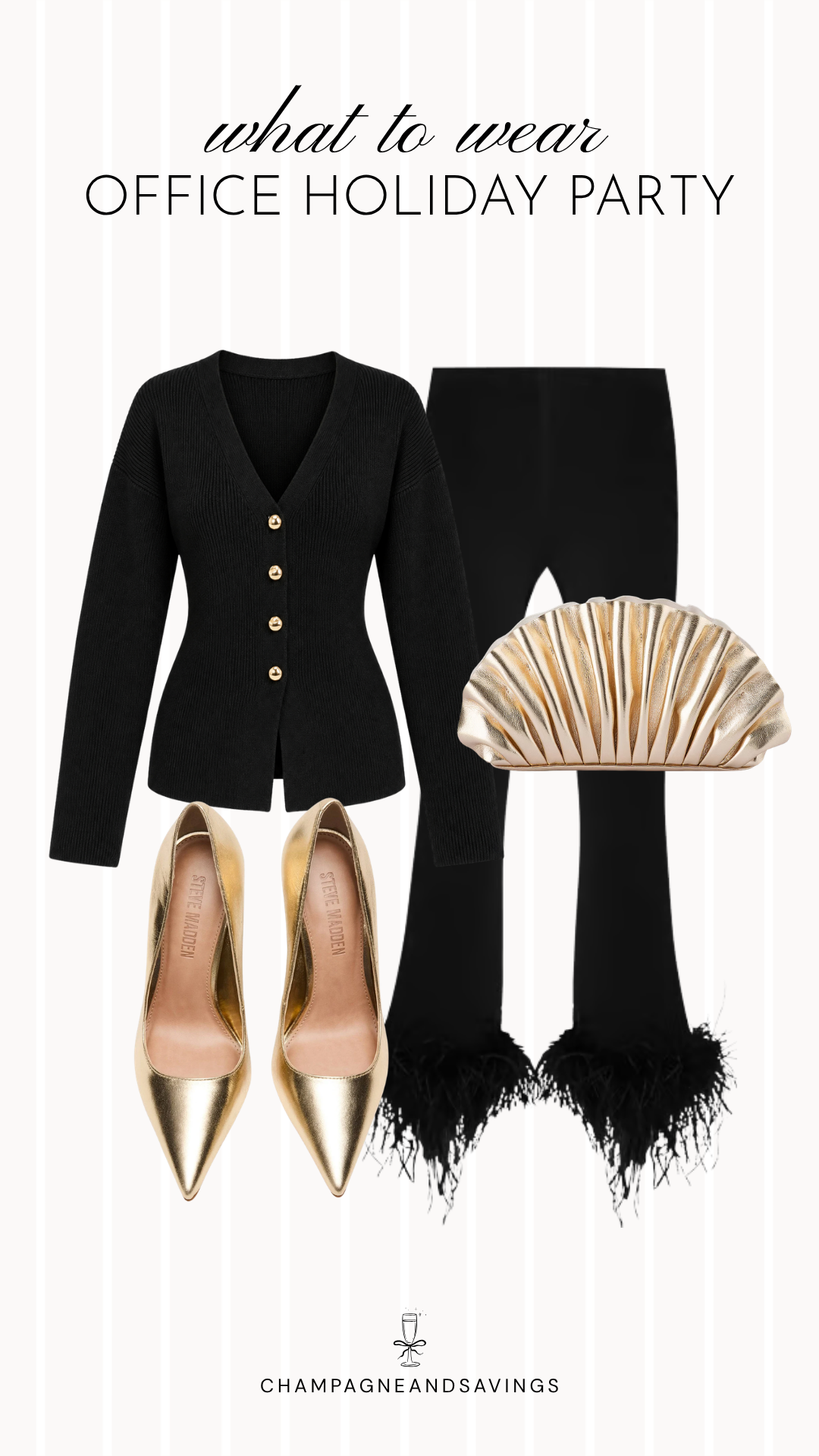 Work holiday party outfit idea featuring black feather trim pants styled with gold heels and coordinating outfit pieces for a cute, festive office party look.