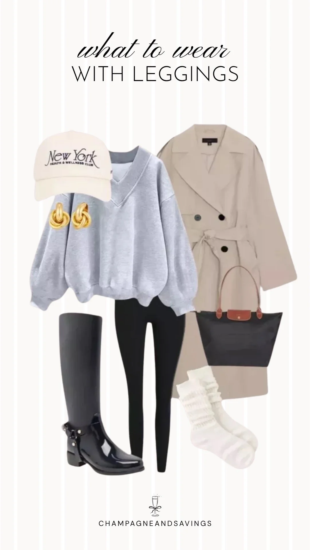 Collage of outfit pieces featuring black leggings styled with a V neck sweatshirt and rain boots for a comfy and practical fall outfit.