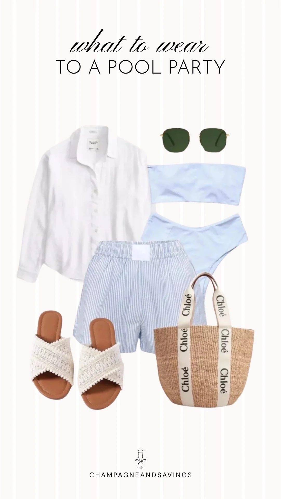 Collage of outfit pieces featuring a linen button down styled with a blue bikini and striped shorts for a relaxed and trendy pool party outfit idea.
