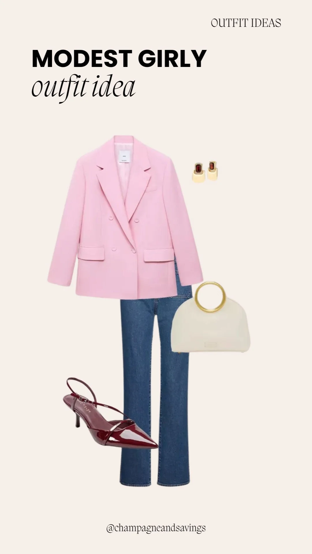 Modest girly outfit idea featuring a pink blazer paired with classic denim, styled together as coordinated outfit pieces.