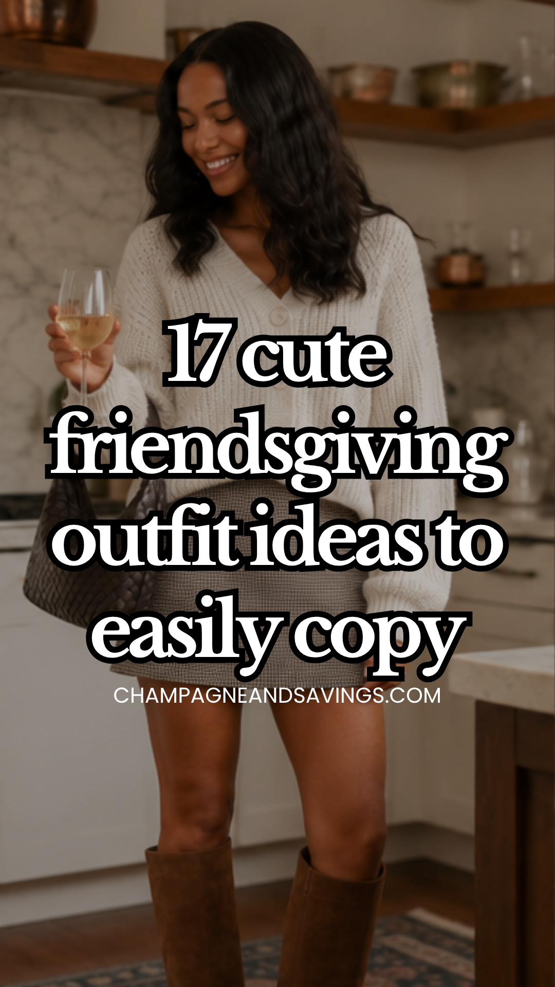 Image that says 17 Cute Friendsgiving Outfit Ideas to Easily Copy and has a girl in the background in a styled outfit.