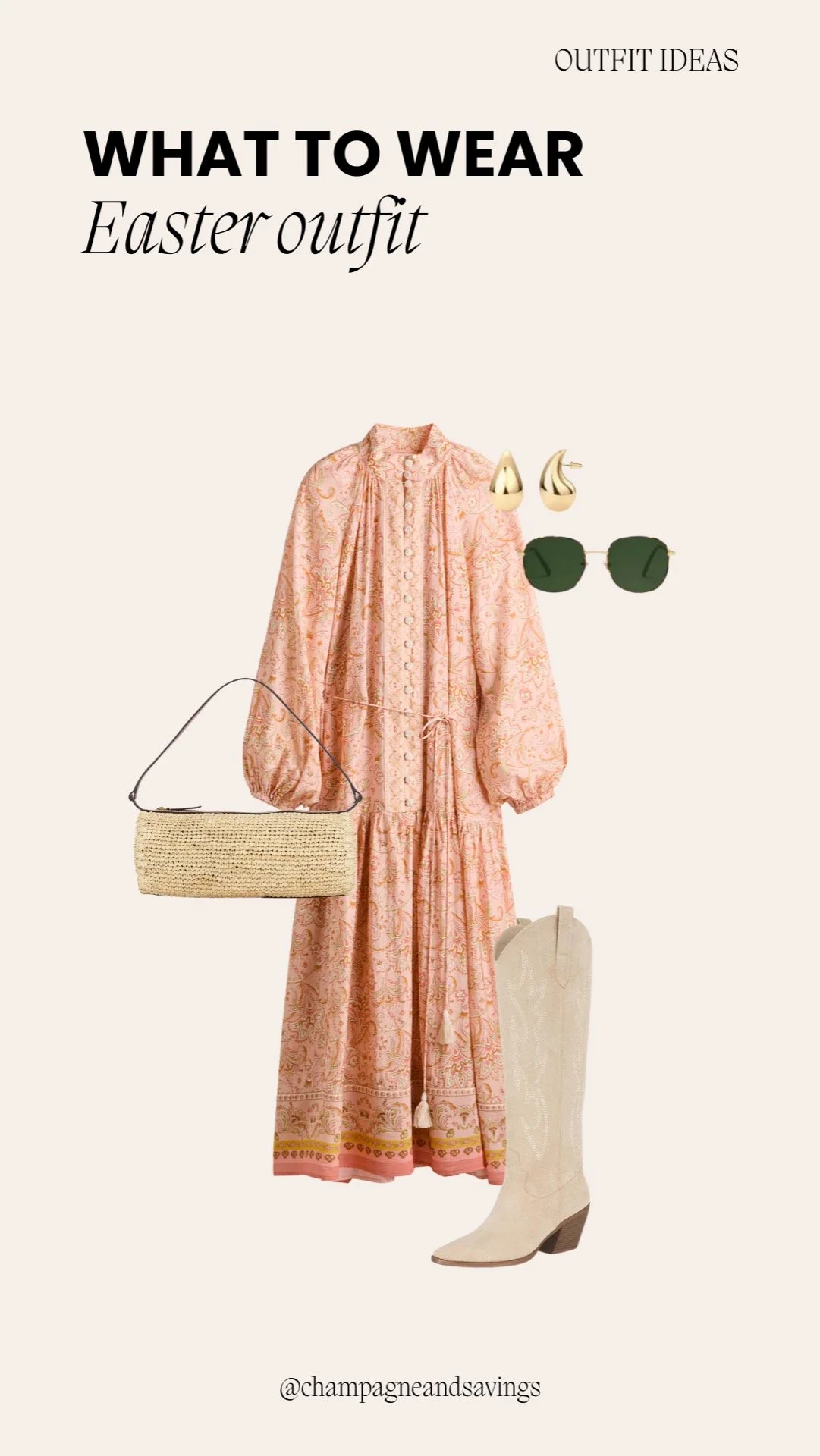 Easter outfit ideas collage showing a long sleeve maxi dress paired with boots and coordinating accessories