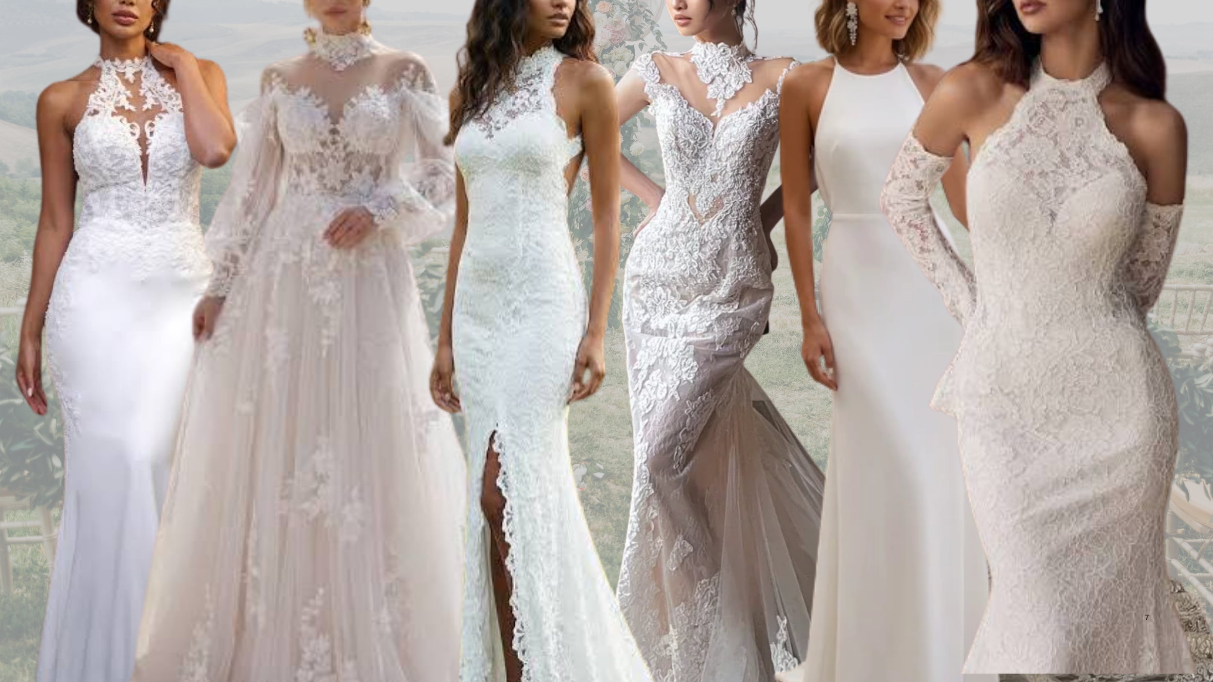 Collage of trending wedding gowns for 2027 featuring high necklines.
