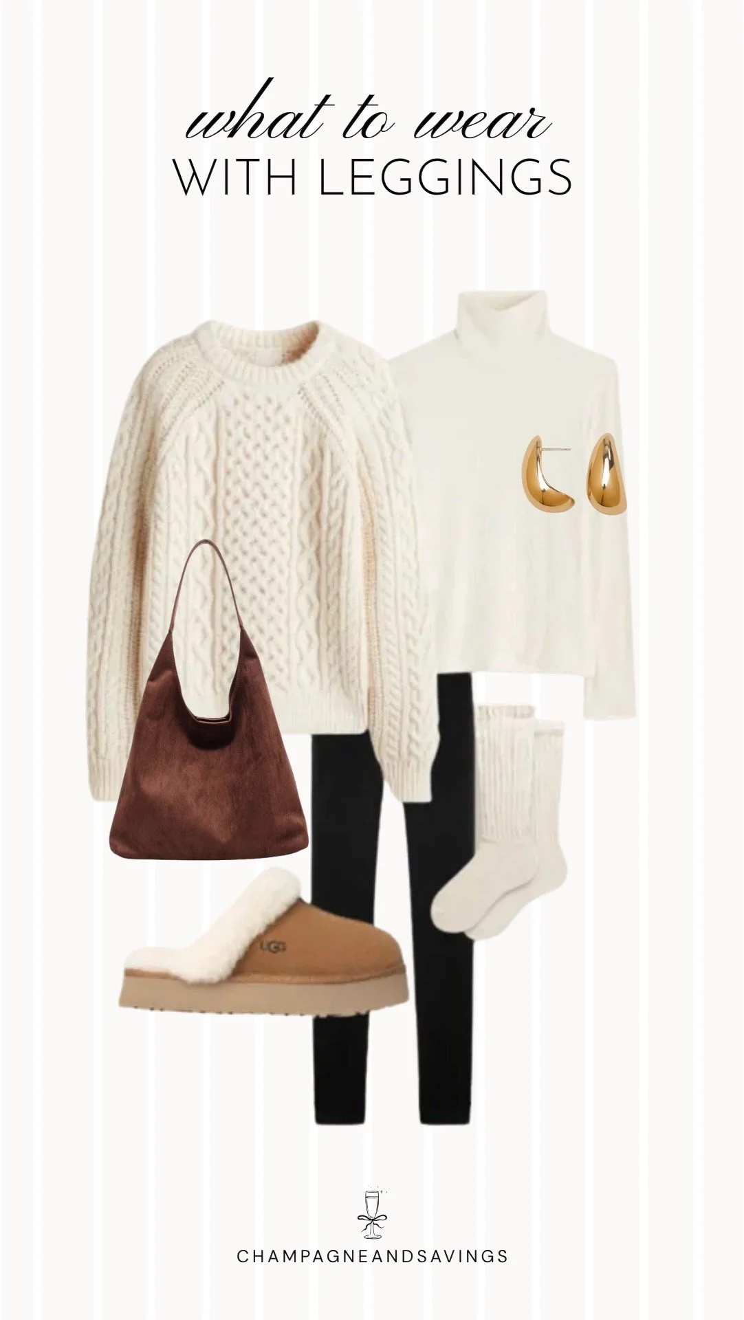 Collage of outfit pieces featuring black leggings styled with a cozy cable knit sweater and slippers for a warm and relaxed fall outfit.