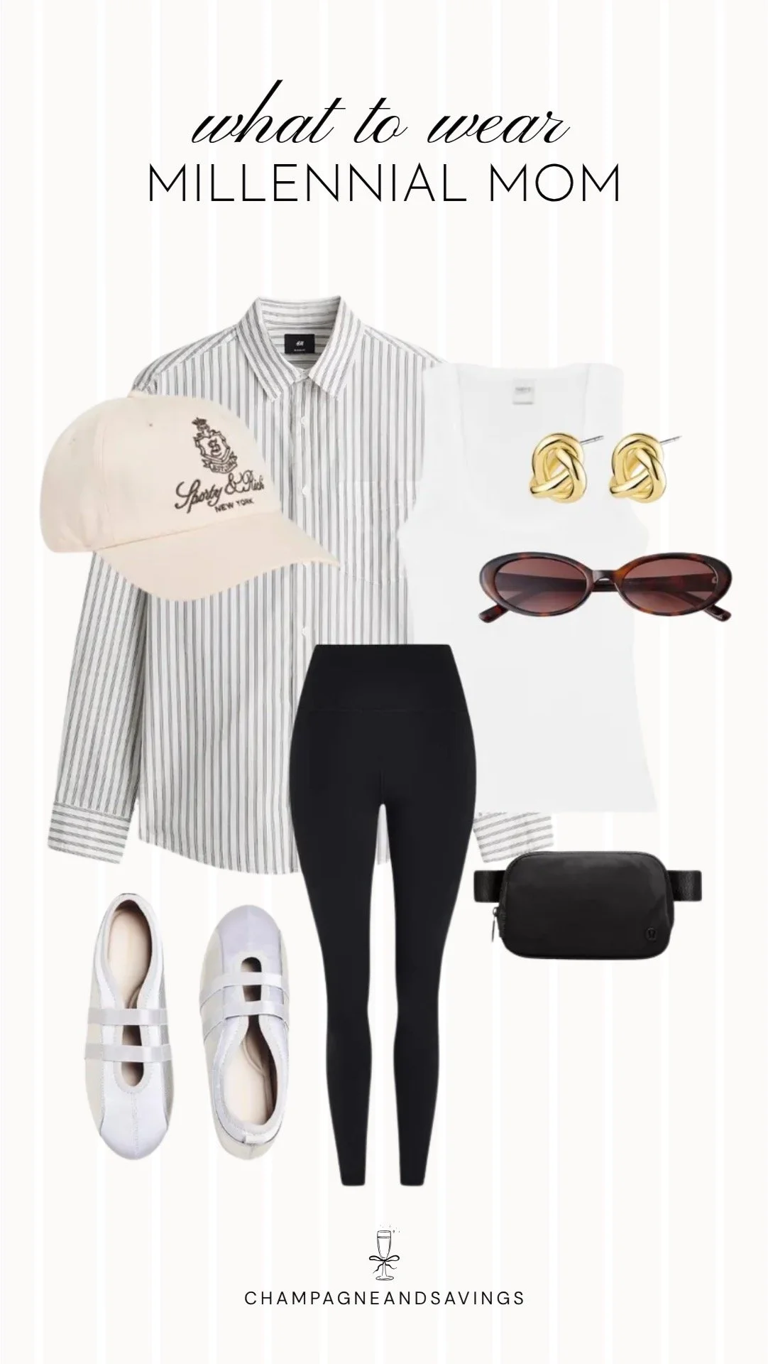 Collage of outfit pieces featuring a striped button-down shirt paired with black leggings and sneakers for a casual, comfortable, and put-together millennial mom outfit.