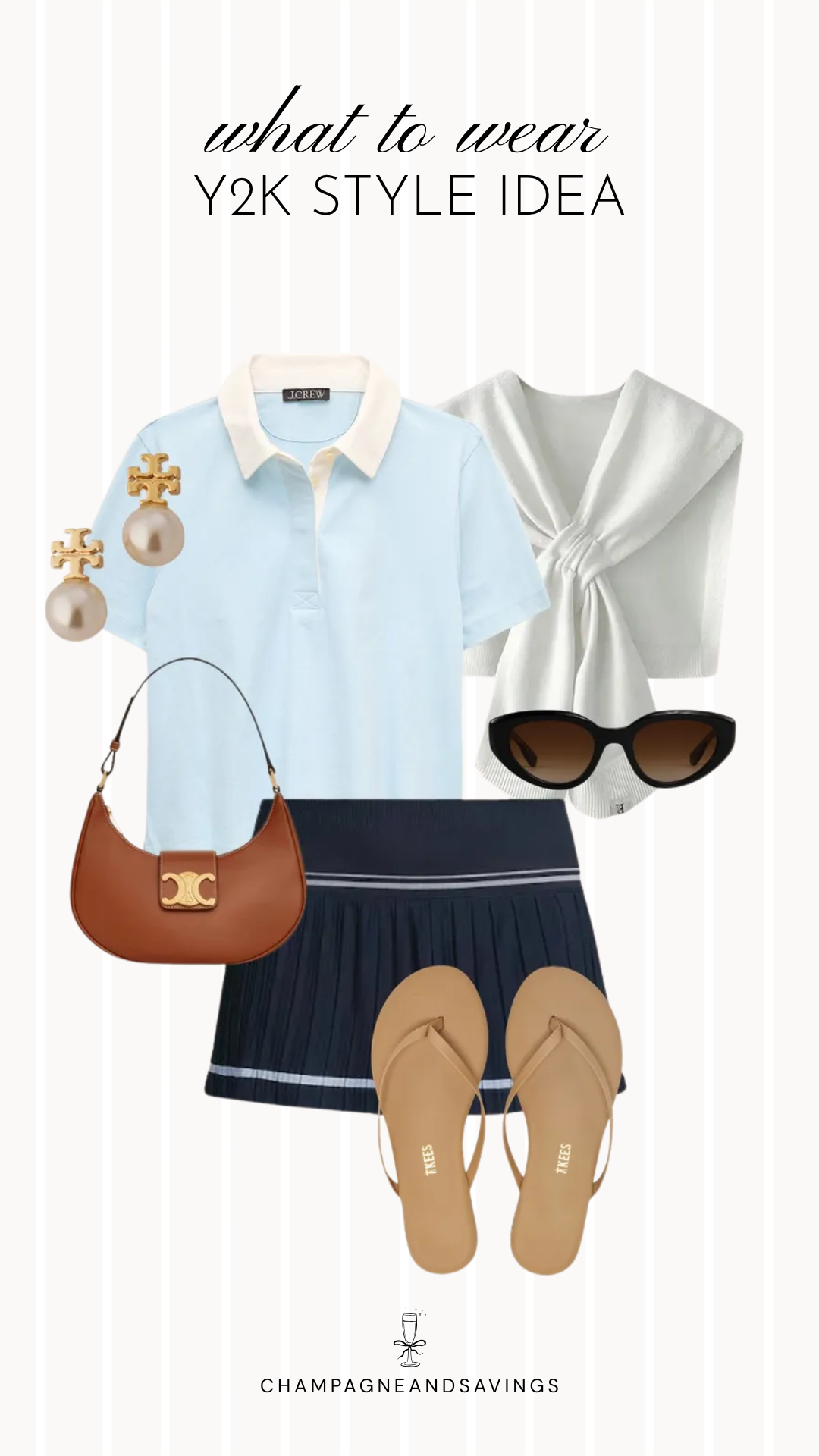 Y2K outfit idea collage featuring a polo shirt with a pleated mini skirt for a trendy 2026 look.
