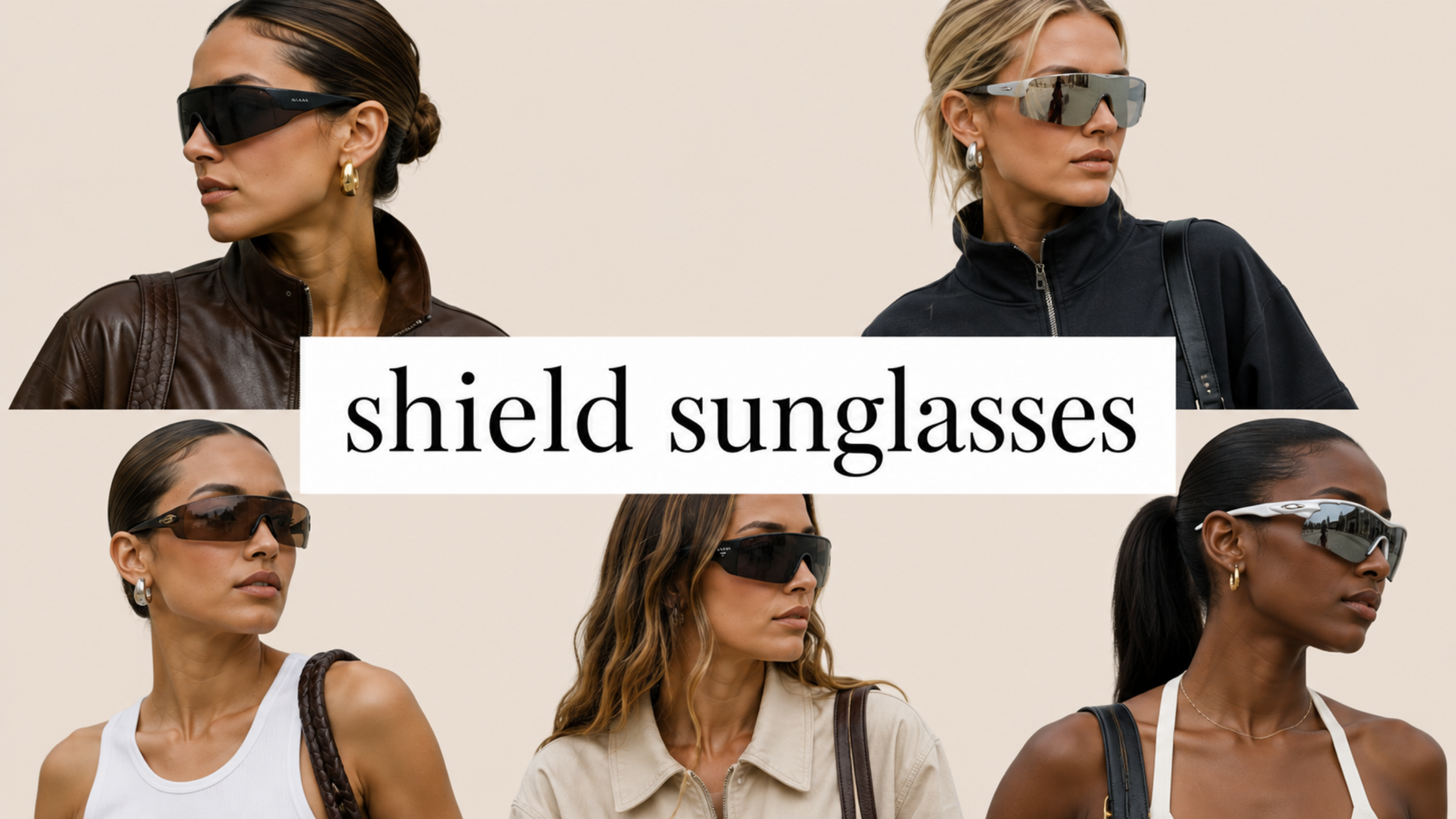 Shield sunglasses fashion trend for 2027 featuring a collage of oversized shield-style sunglasses in trending shapes and designs.