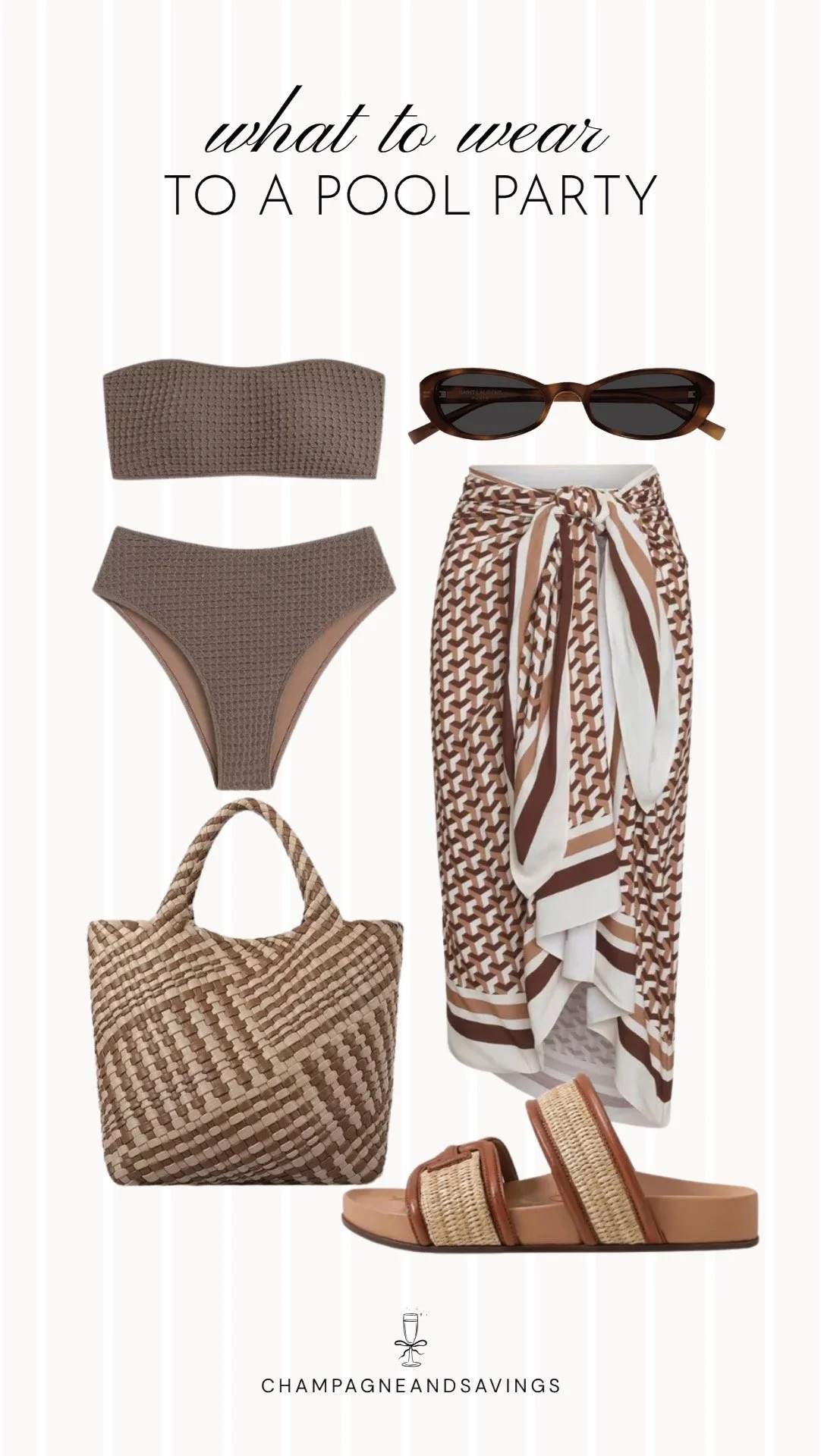 Collage of outfit pieces featuring a brown bikini styled with a printed sarong for a chic and tropical pool party outfit idea.