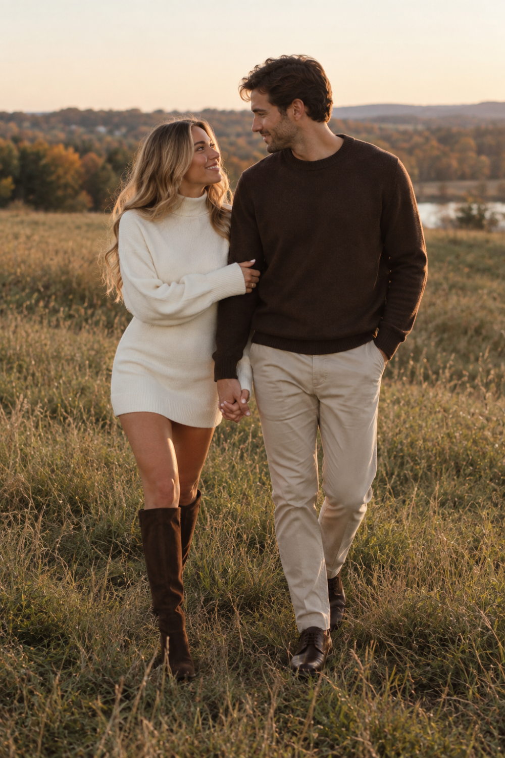 Engagement photo outfit idea featuring a couple in coordinated neutral outfits.