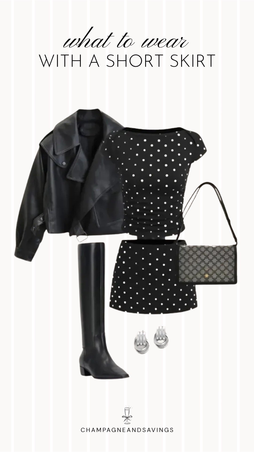 Collage of outfit pieces featuring a short skirt styled with a polka dot top and leather jacket for a chic, edgy outfit idea.