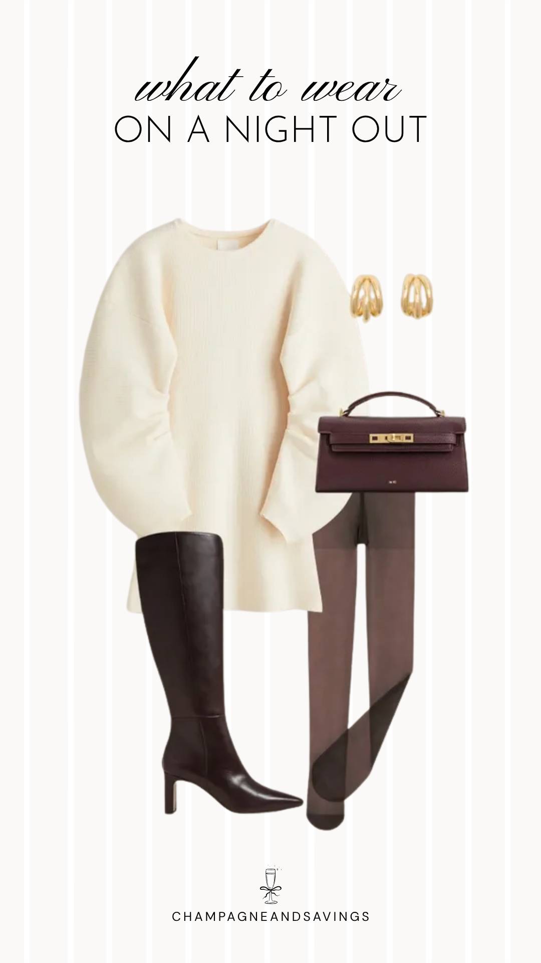 Fall going out outfit idea featuring a sweater dress with sheer tights and tall boots, styled in a collage of outfit pieces for a cozy and chic autumn night out look.