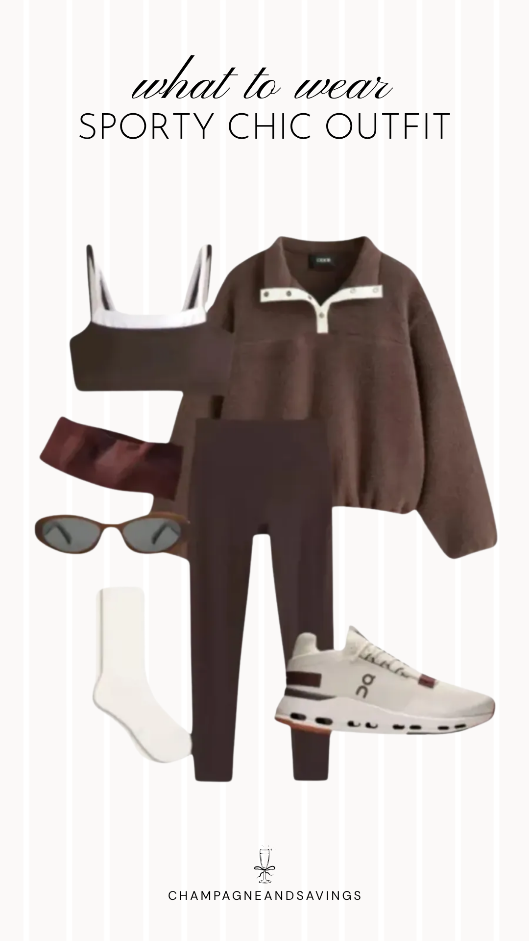 Collage of sporty chic outfit pieces featuring a monochrome brown set with a snap pullover and sneakers for a coordinated, comfortable everyday look.