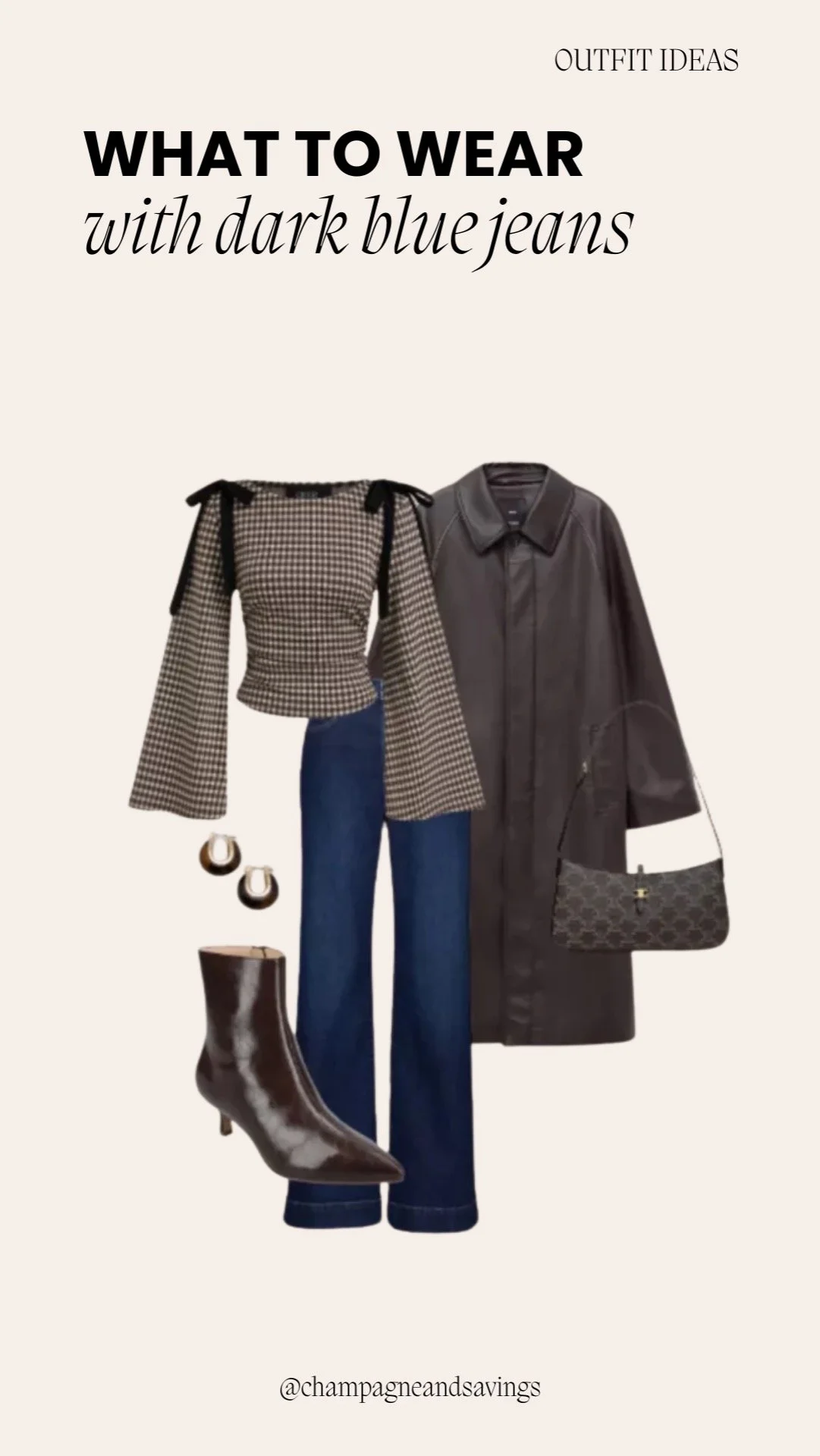 Collage of outfit pieces for a “Gingham Top + Leather Coat” dark denim look, featuring dark denim paired with a gingham top and a leather coat, styled in a trendy polished aesthetic.