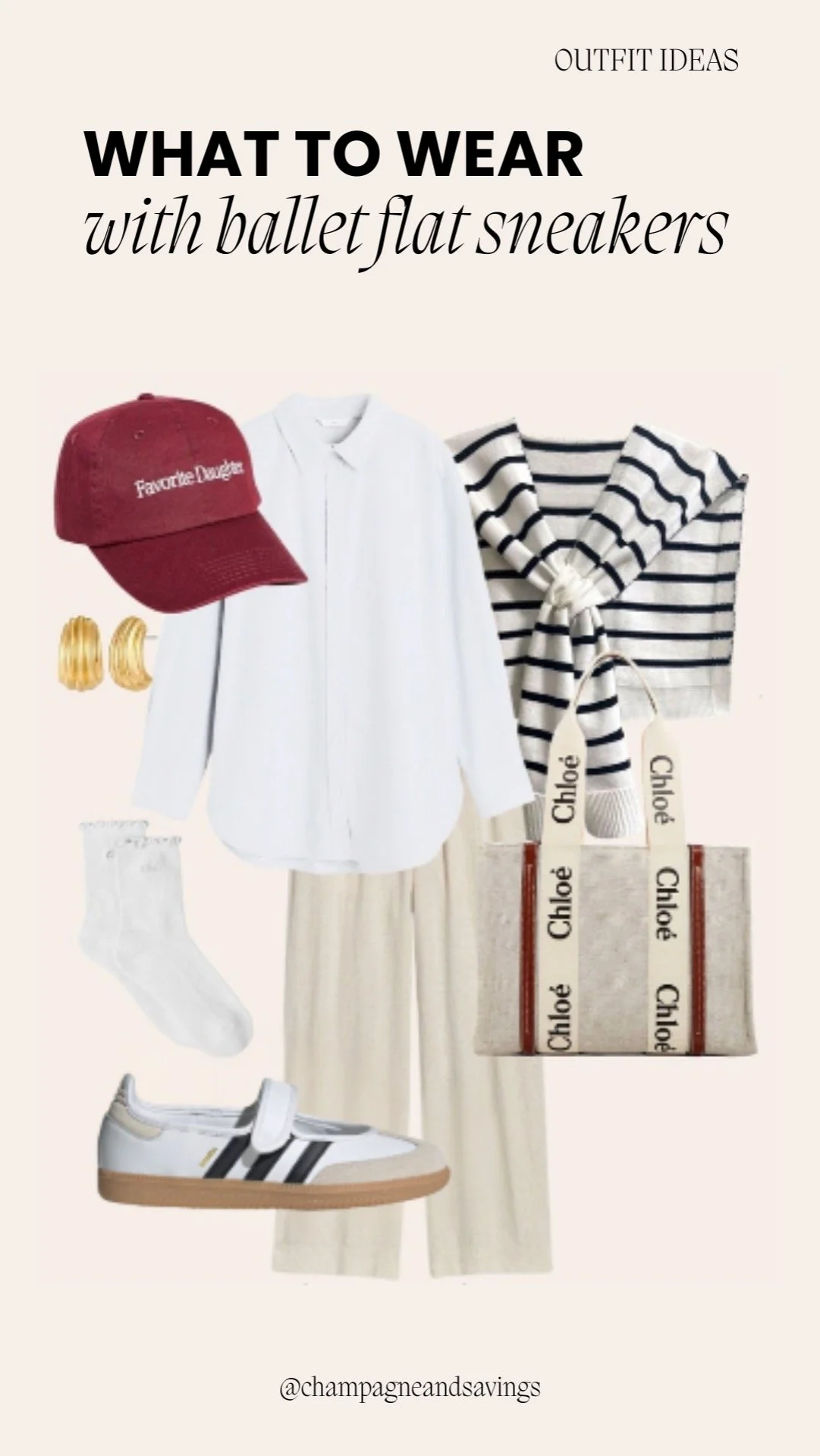 Casual spring outfit featuring ballet flat sneakers paired with khakis and a baseball hat