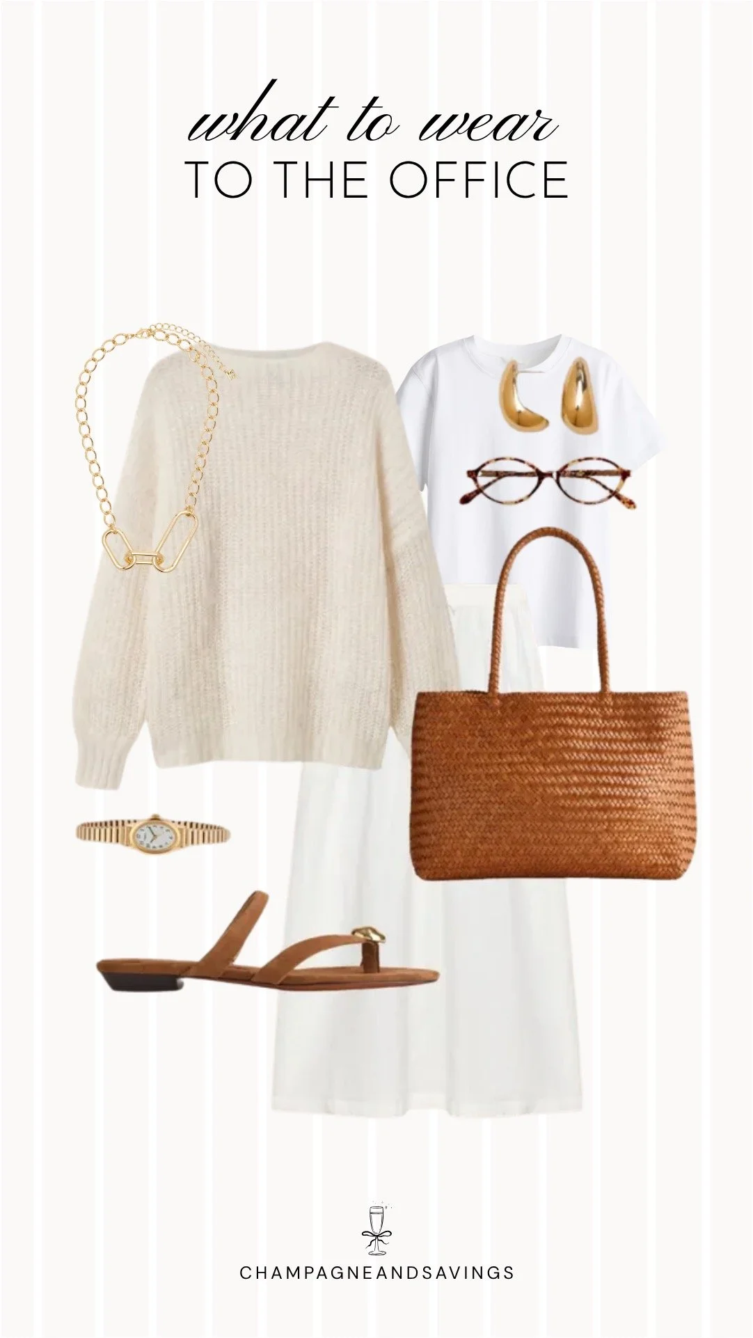 Collage of outfit pieces featuring a white maxi skirt styled with a cream sweater layered over a tee for a relaxed and cozy summer office outfit idea when the office is freezing.