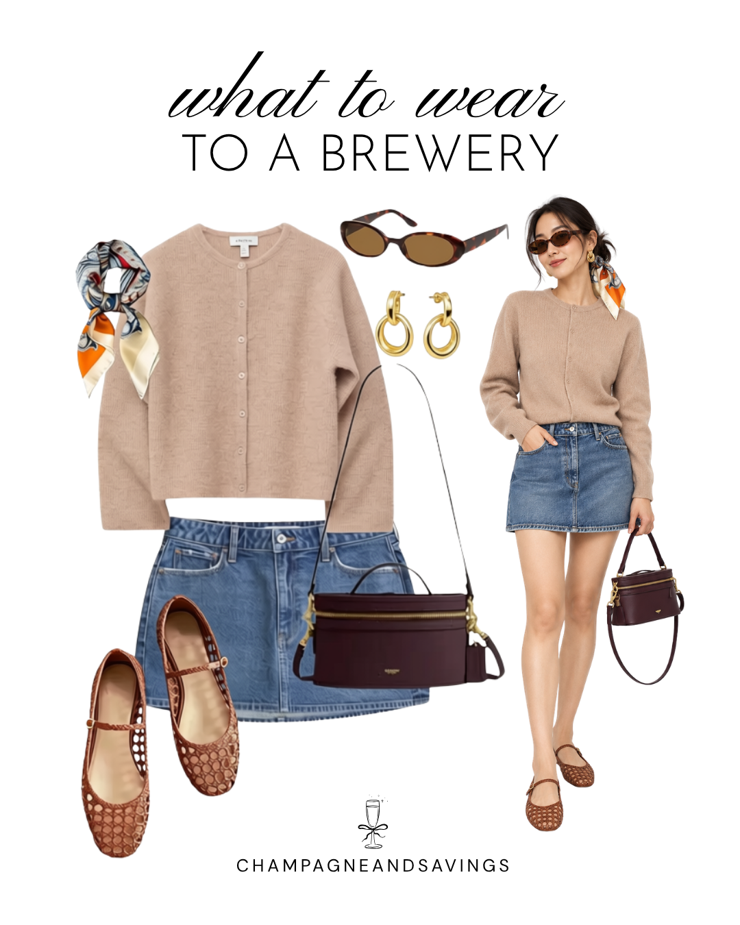 Cute brewery date outfit with a beige cardigan, denim mini skirt, brown woven Mary Jane flats, printed hair scarf, and burgundy handbag.