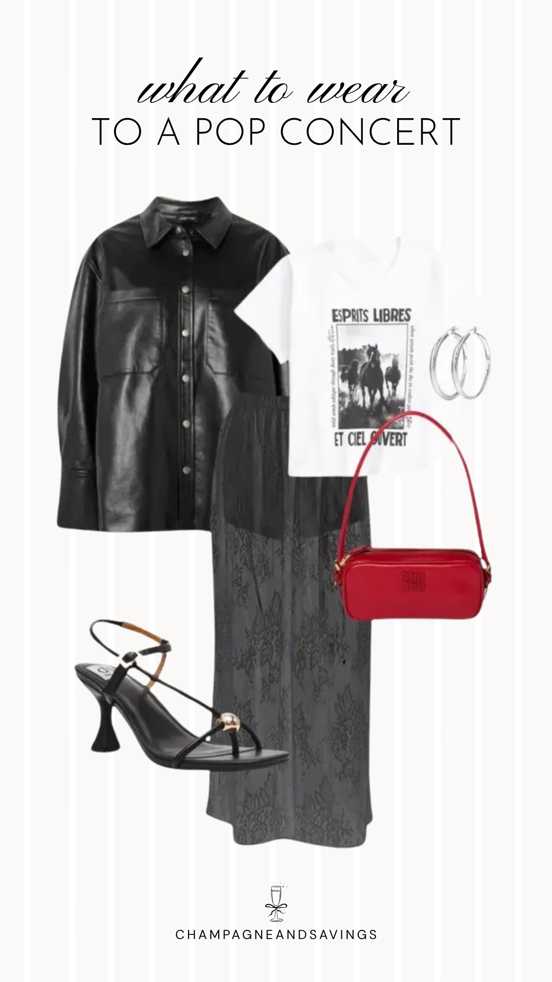 Collage of outfit pieces featuring a band tee paired with a lace skirt and leather jacket, creating an edgy yet feminine pop concert outfit idea.