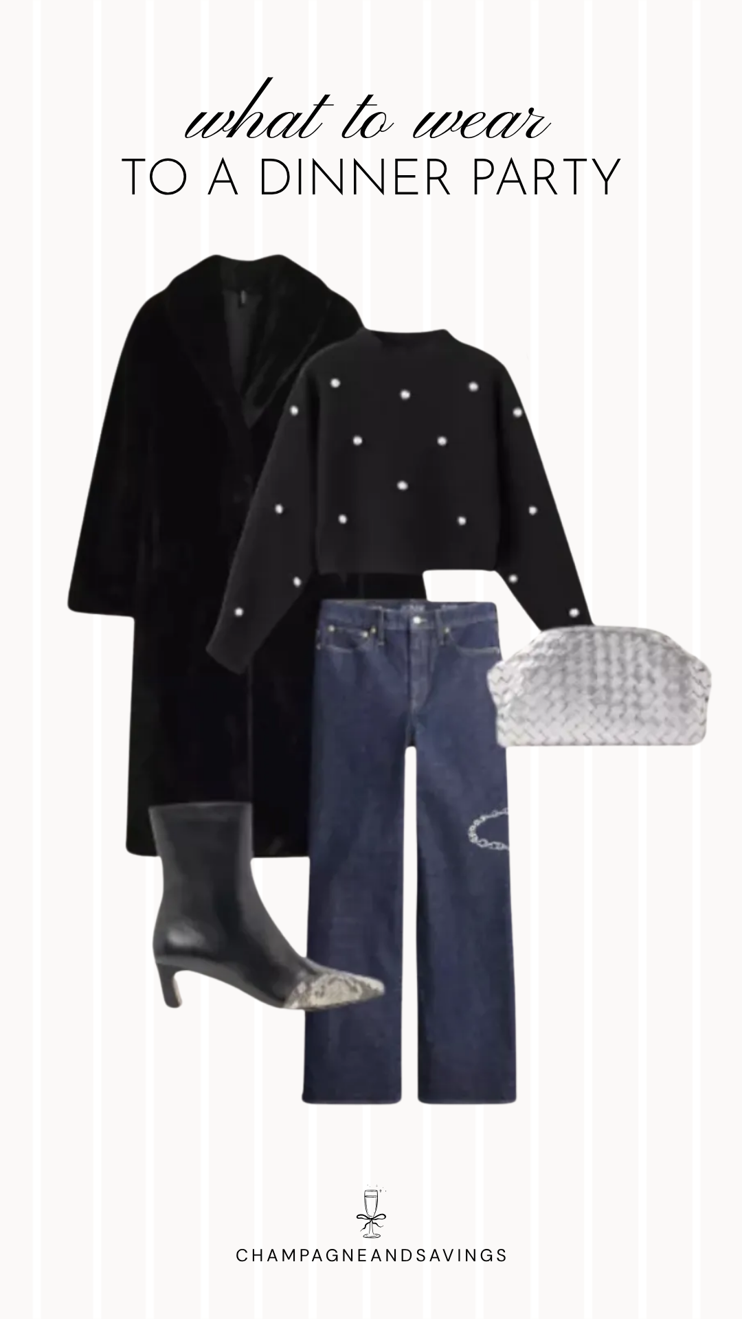 A dinner party outfit idea featuring a faux fur coat layered over a pearl embellished sweater for a cozy, elegant fall look that's perfect for festive gatherings and chilly evenings.