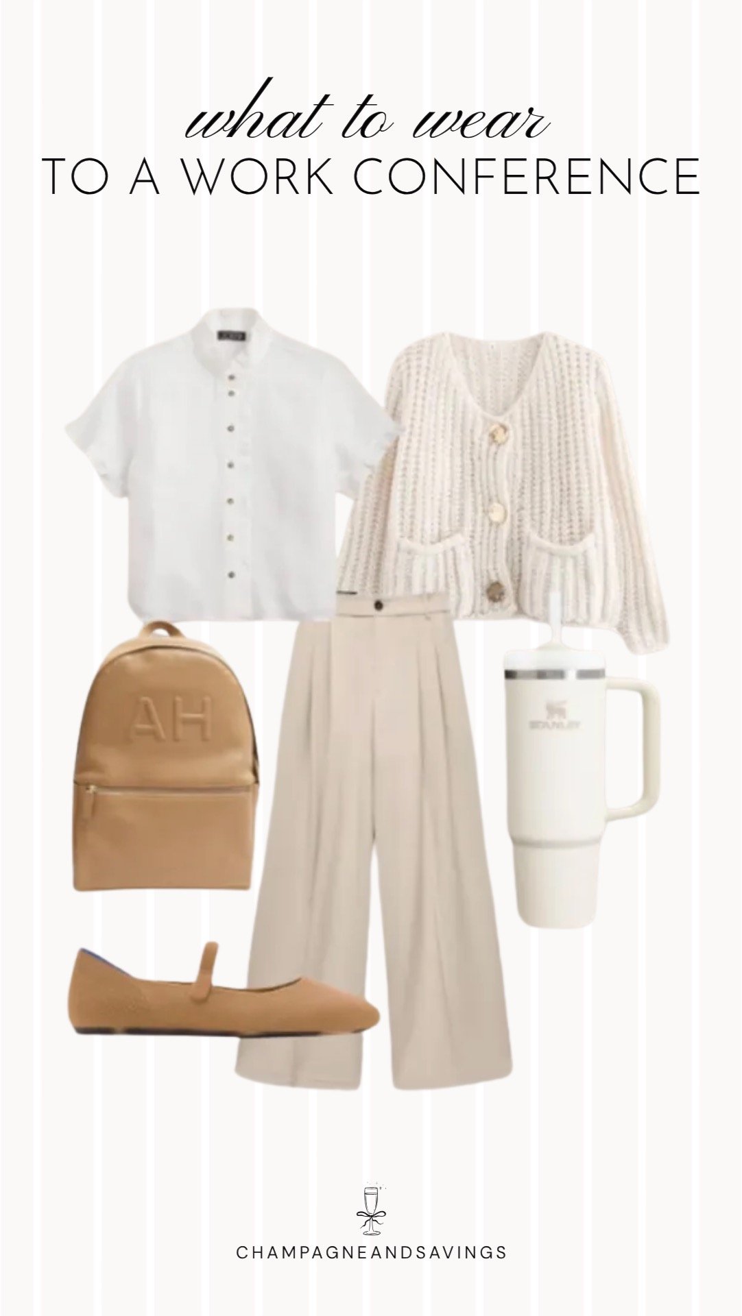 Collage of work conference outfit pieces featuring a short sleeve button-down shirt, knit cardigan, and wide-leg trousers for a polished, comfortable, and professional business-casual look.