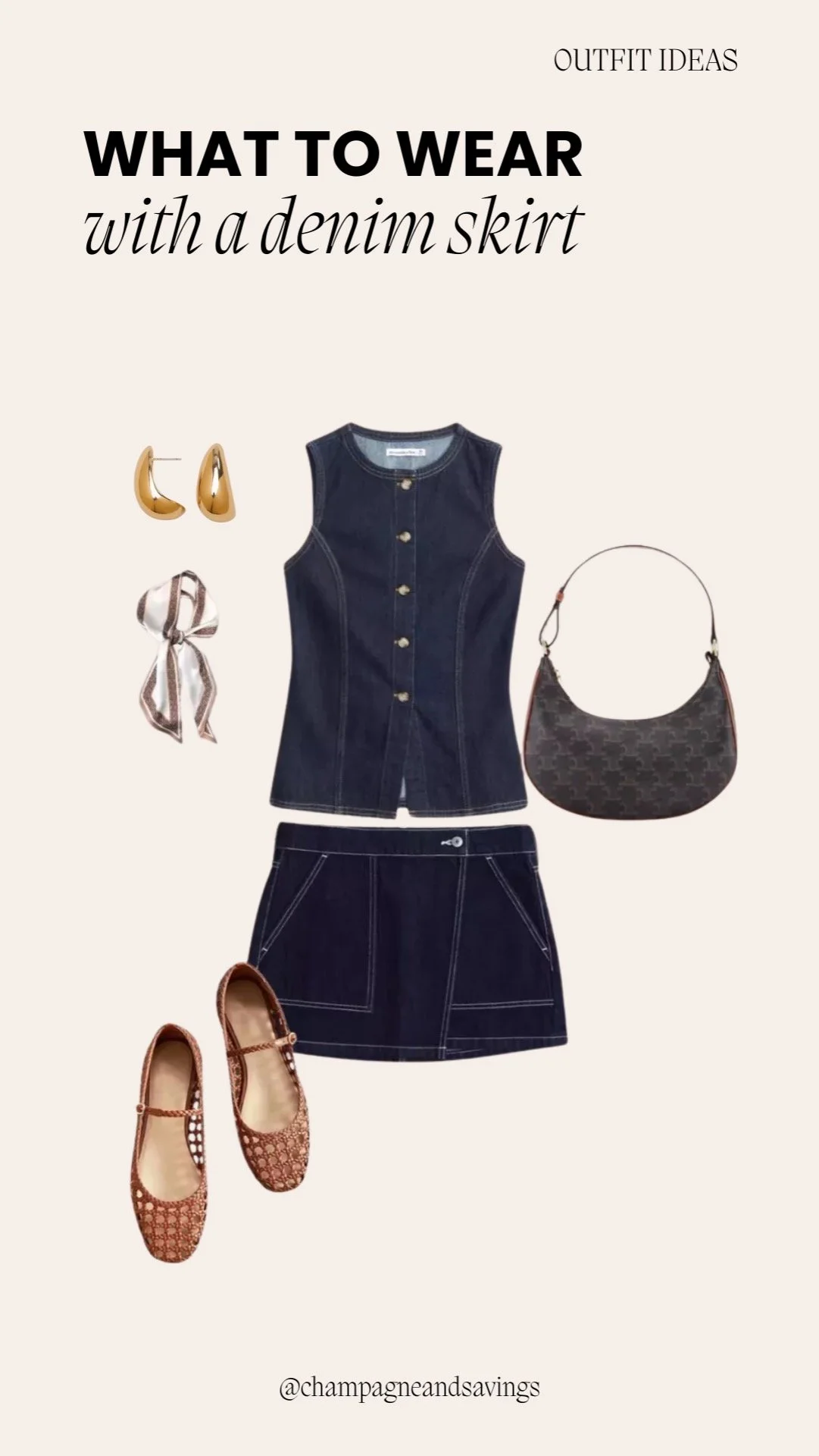 Mini skirt outfit idea featuring a dark denim set paired with woven flats, styled together as coordinated outfit pieces.