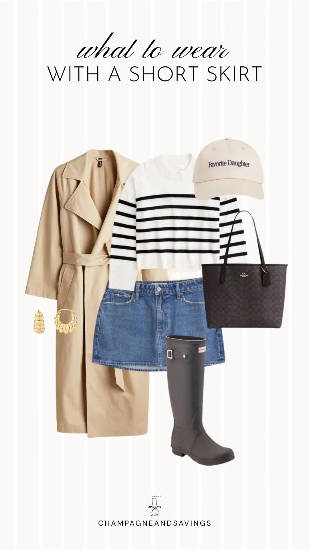 Collage of outfit pieces featuring a short skirt styled with a striped sweater and trench coat for a chic, polished outfit idea.