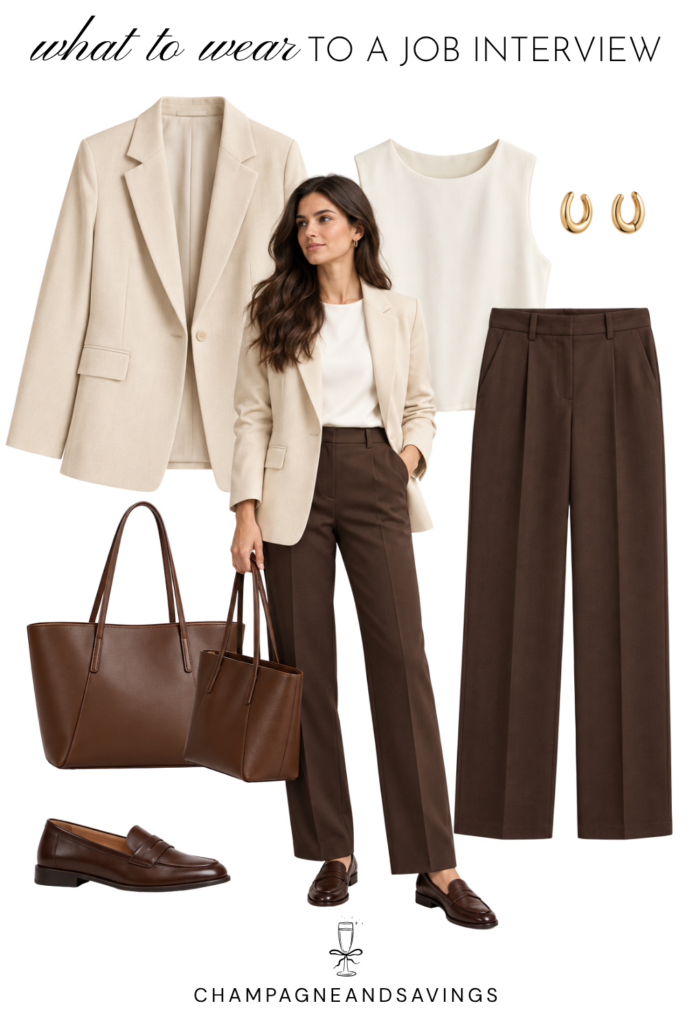 Job interview outfit idea for women featuring a cream blazer paired with chocolate brown trousers, shown in a collage of outfit pieces for a polished, professional look.