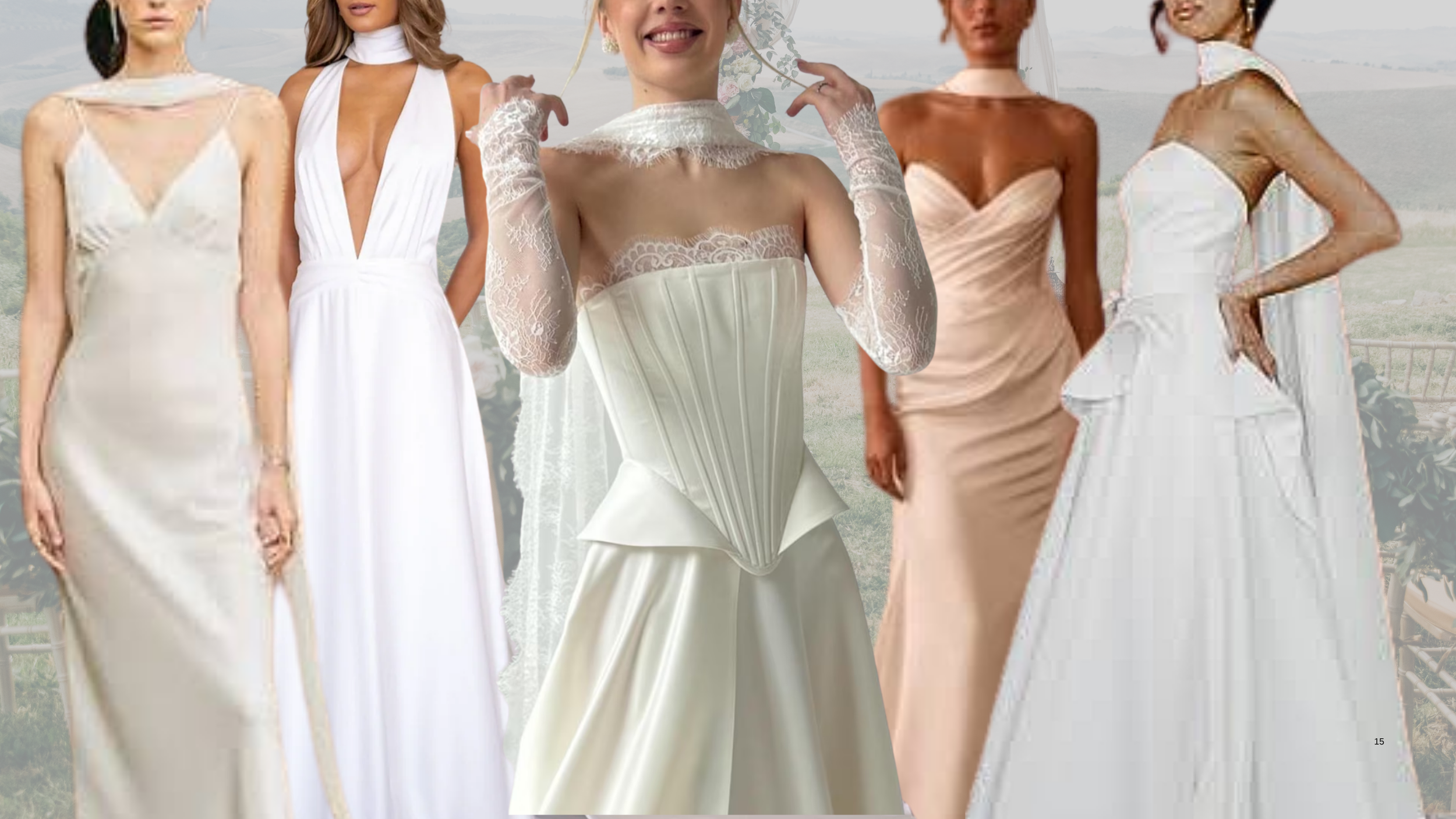 Collage of trending wedding gowns for 2027 featuring bridal scarves.