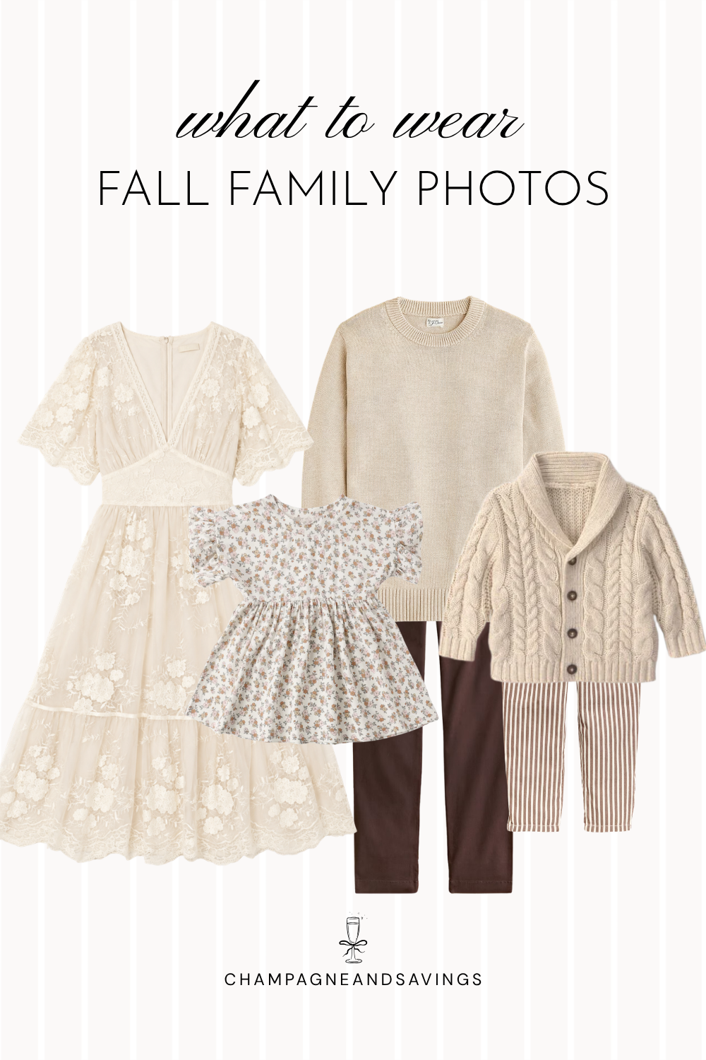 Collage of outfit pieces for a fall family photo color scheme featuring ivory and cream pieces for a soft, romantic, and timeless family photo look.