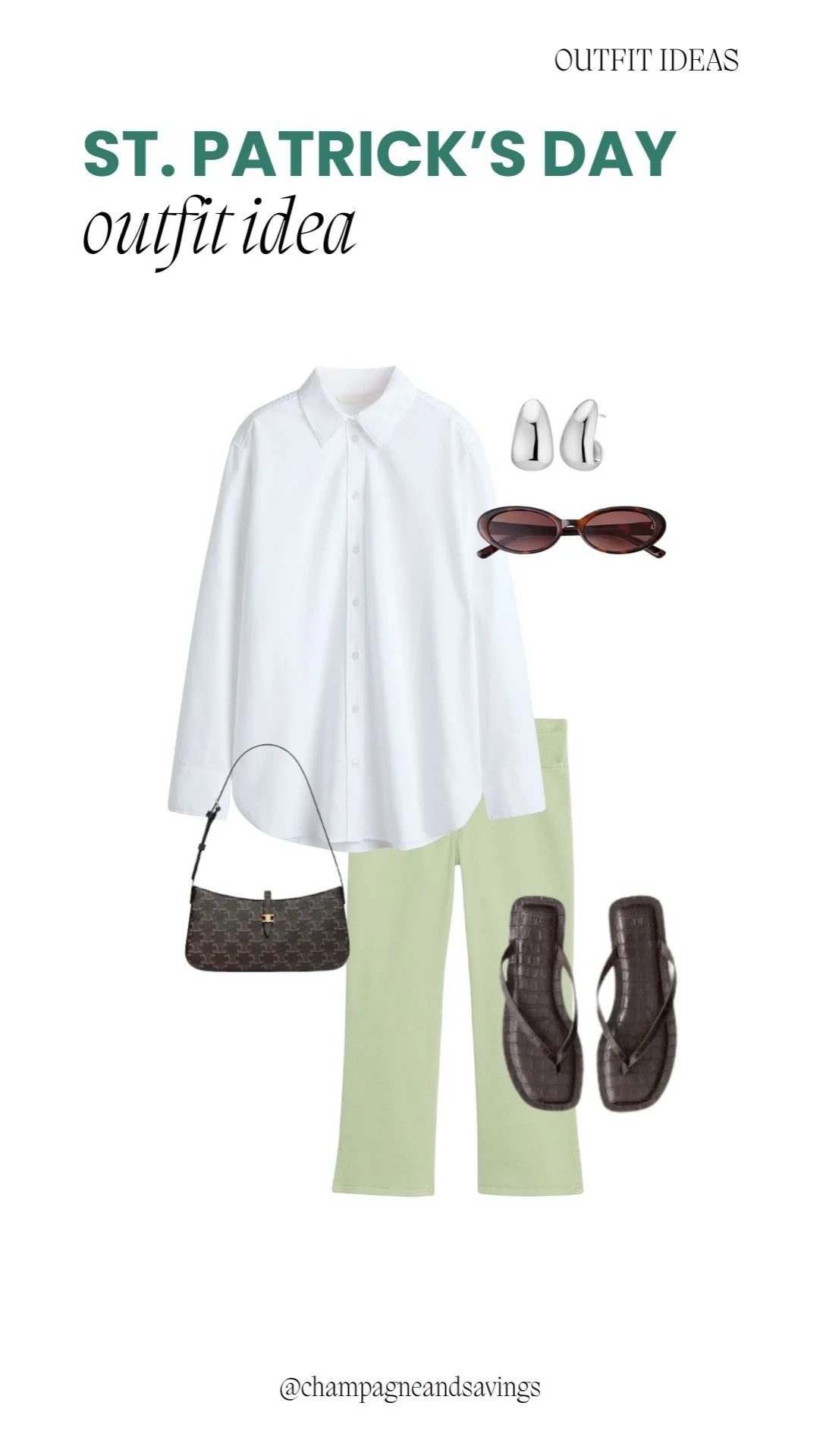 White button-down shirt paired with light green pants for a polished and festive St. Patrick’s Day outfit.