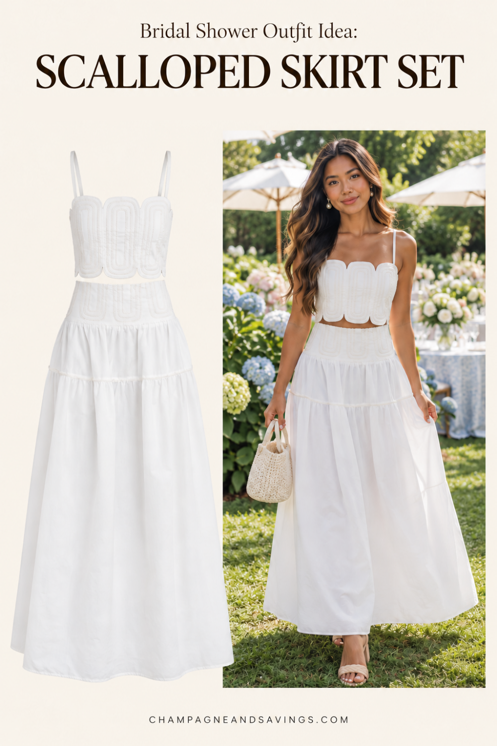Trendy bridal shower outfit idea featuring a white scalloped skirt set, shown alongside a styled bridal look for the bride-to-be.