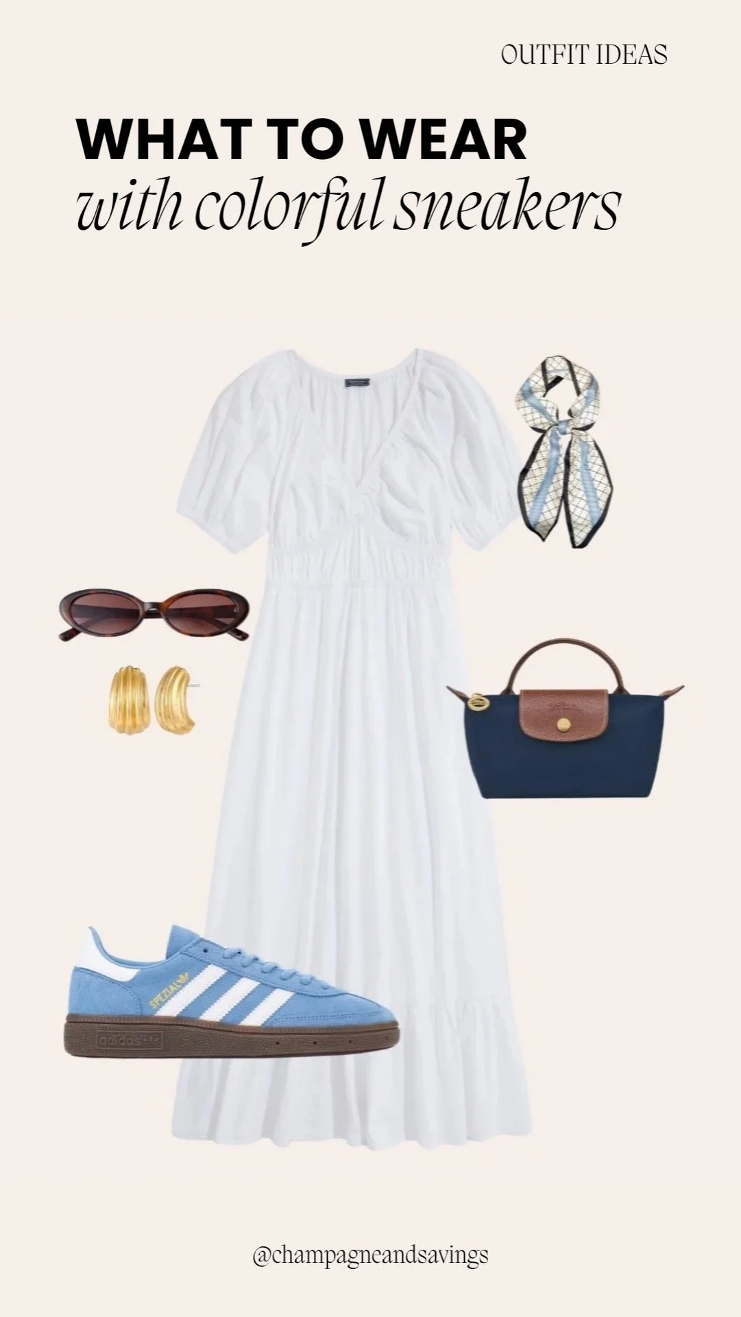 Outfit featuring colorful sneakers styled with a maxi dress