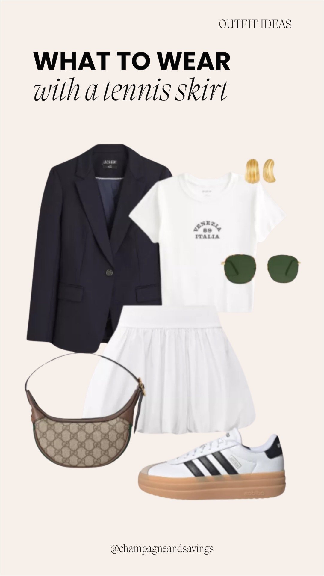 Tennis skirt outfit collage featuring a pleated tennis skirt styled with a graphic tee and a blazer for a polished, sporty chic look.
