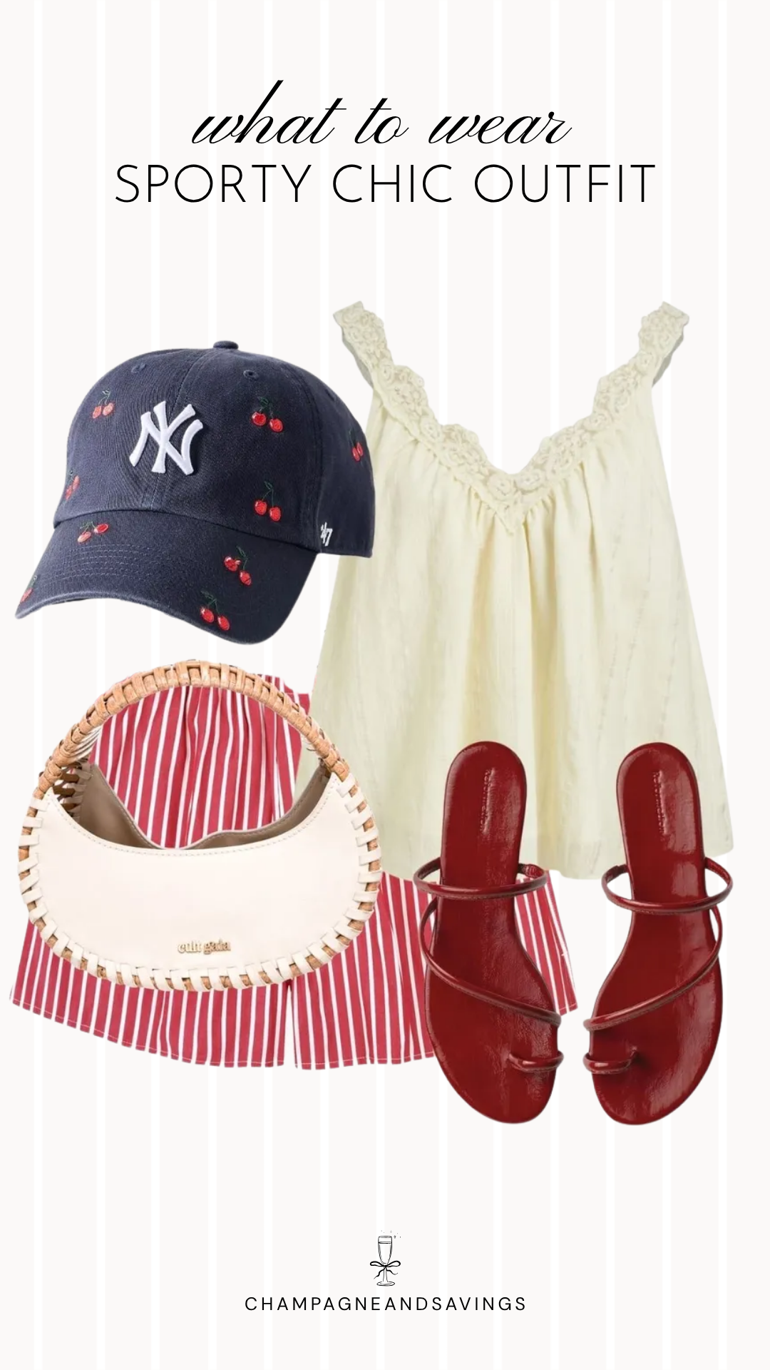 Collage of sporty chic outfit pieces featuring a lace cami paired with striped shorts and strappy sandals for a relaxed, polished summer outfit.