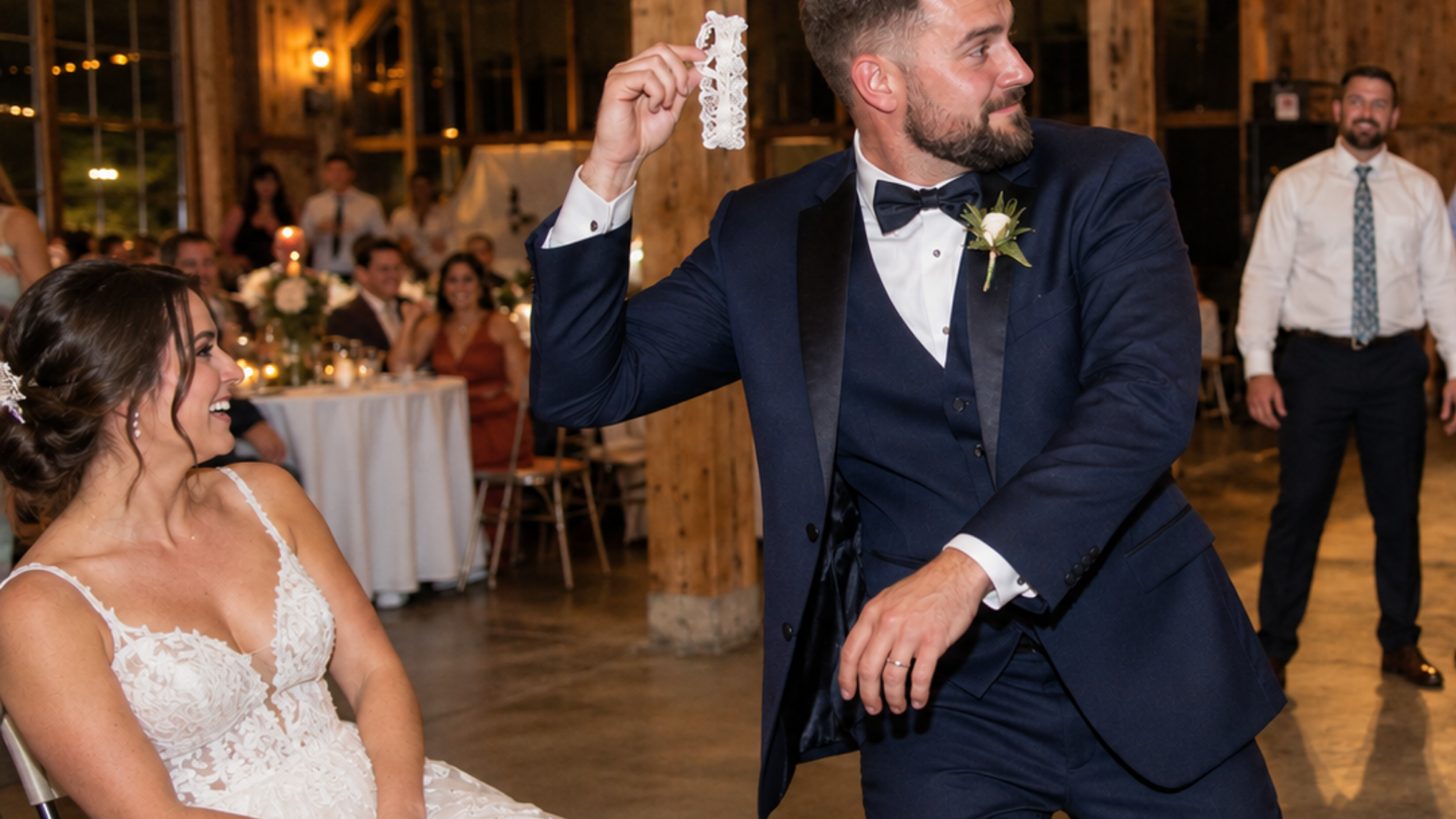Groom holding a lace garter before tossing it to a group of male wedding guests.