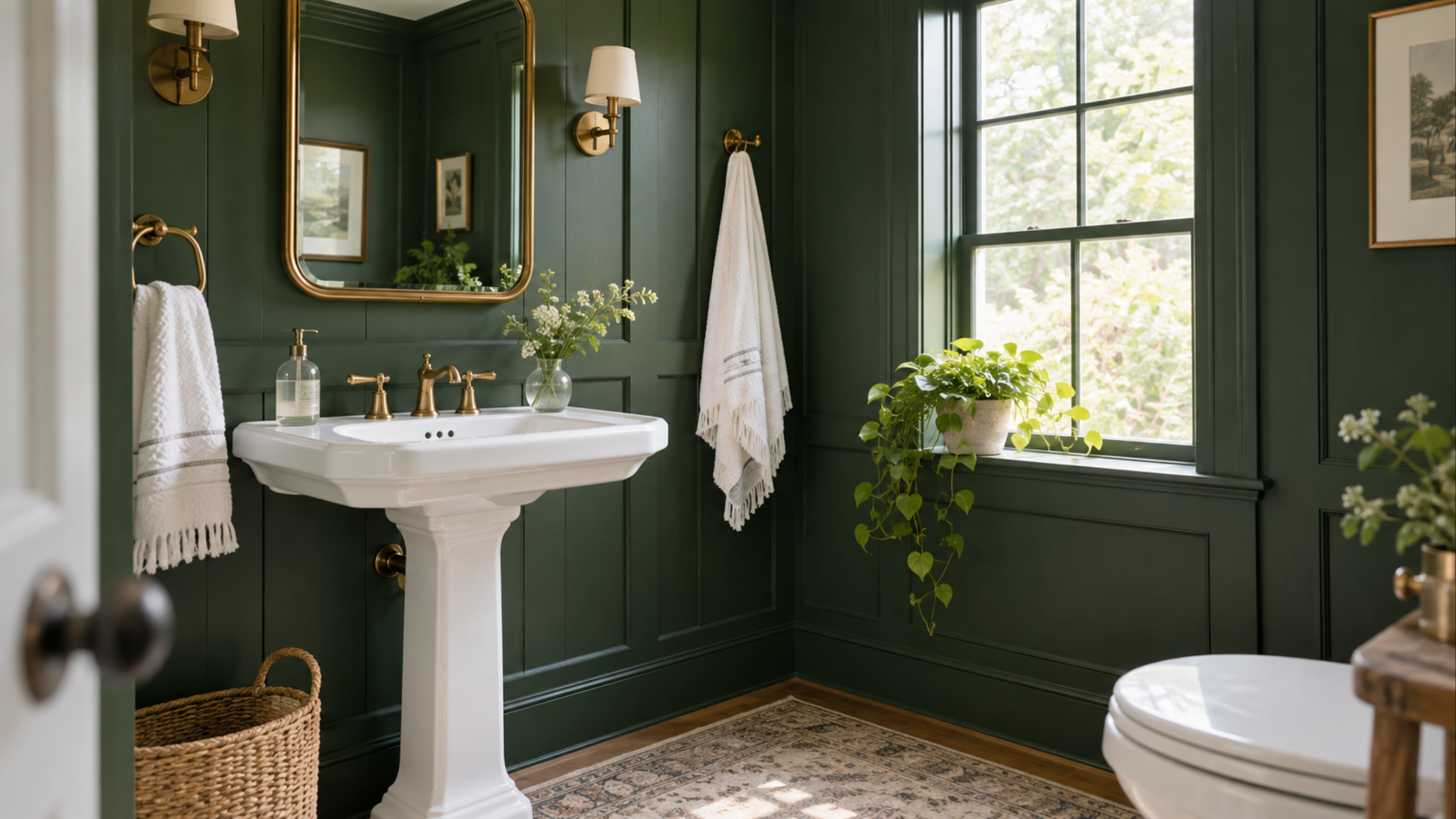 color drenched modern bathroom with deep green wall color