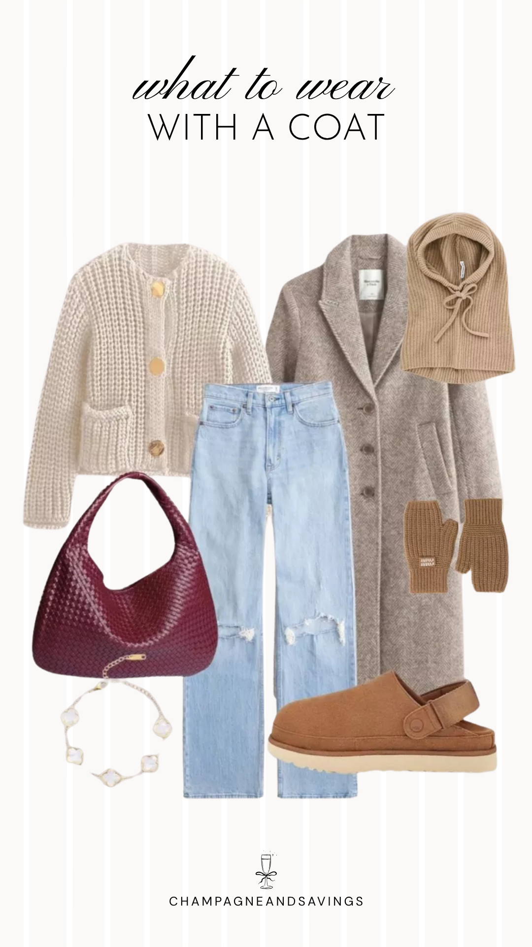 Coat styling idea featuring a cable knit cardigan layered with a wool coat and paired with distressed jeans, shown in a fall fashion collage with coordinated outfit pieces for a cozy and effortlessly stylish layered look.
