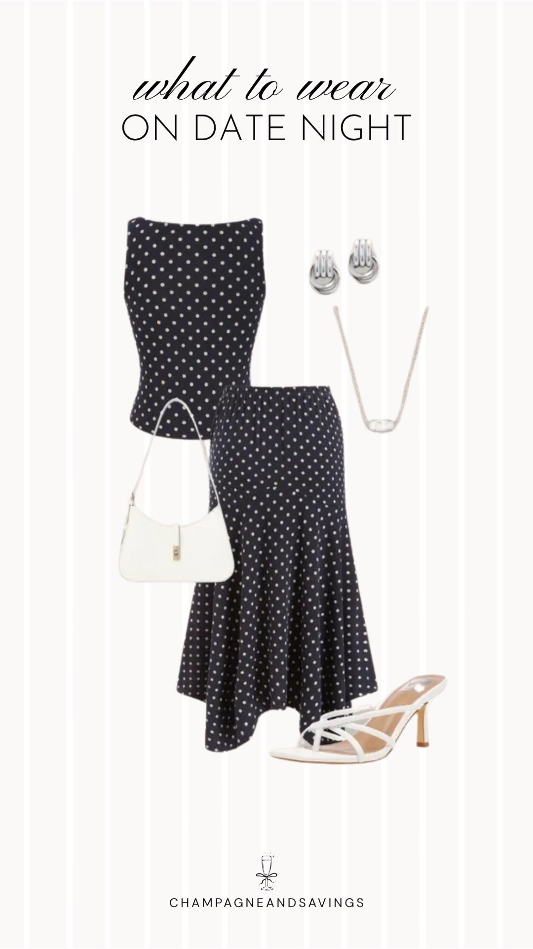 Collage of outfit pieces featuring a polka dot top and skirt set for a feminine and playful fall date night outfit idea.