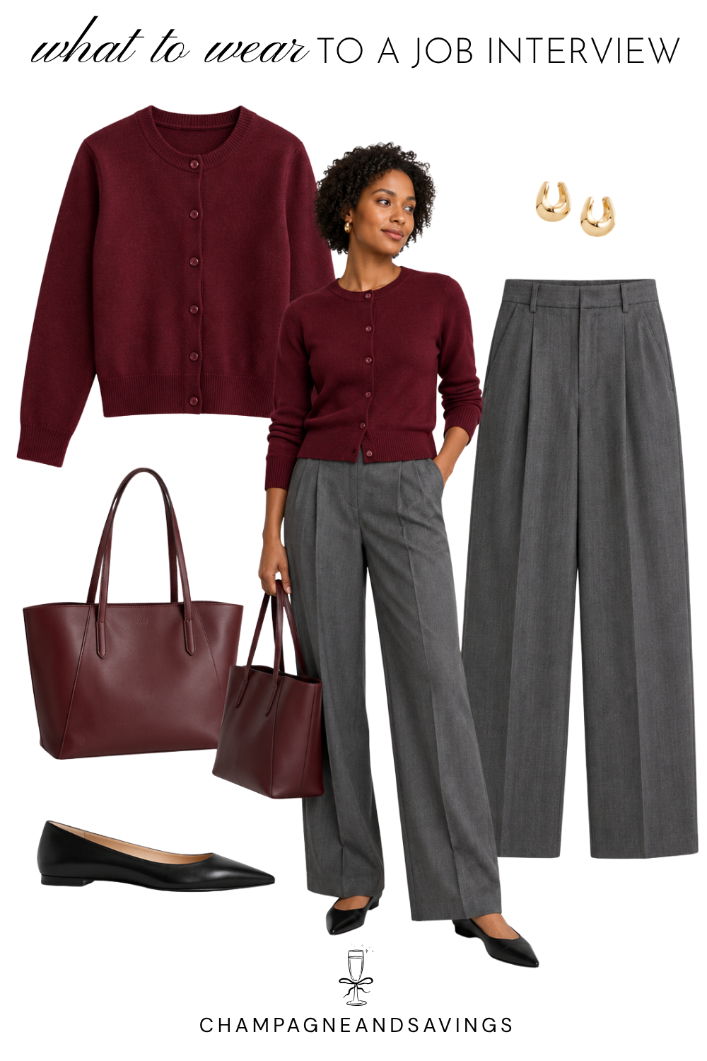 Job interview outfit idea for women featuring a burgundy cardigan paired with gray trousers, shown in a collage of outfit pieces for a polished, professional look.