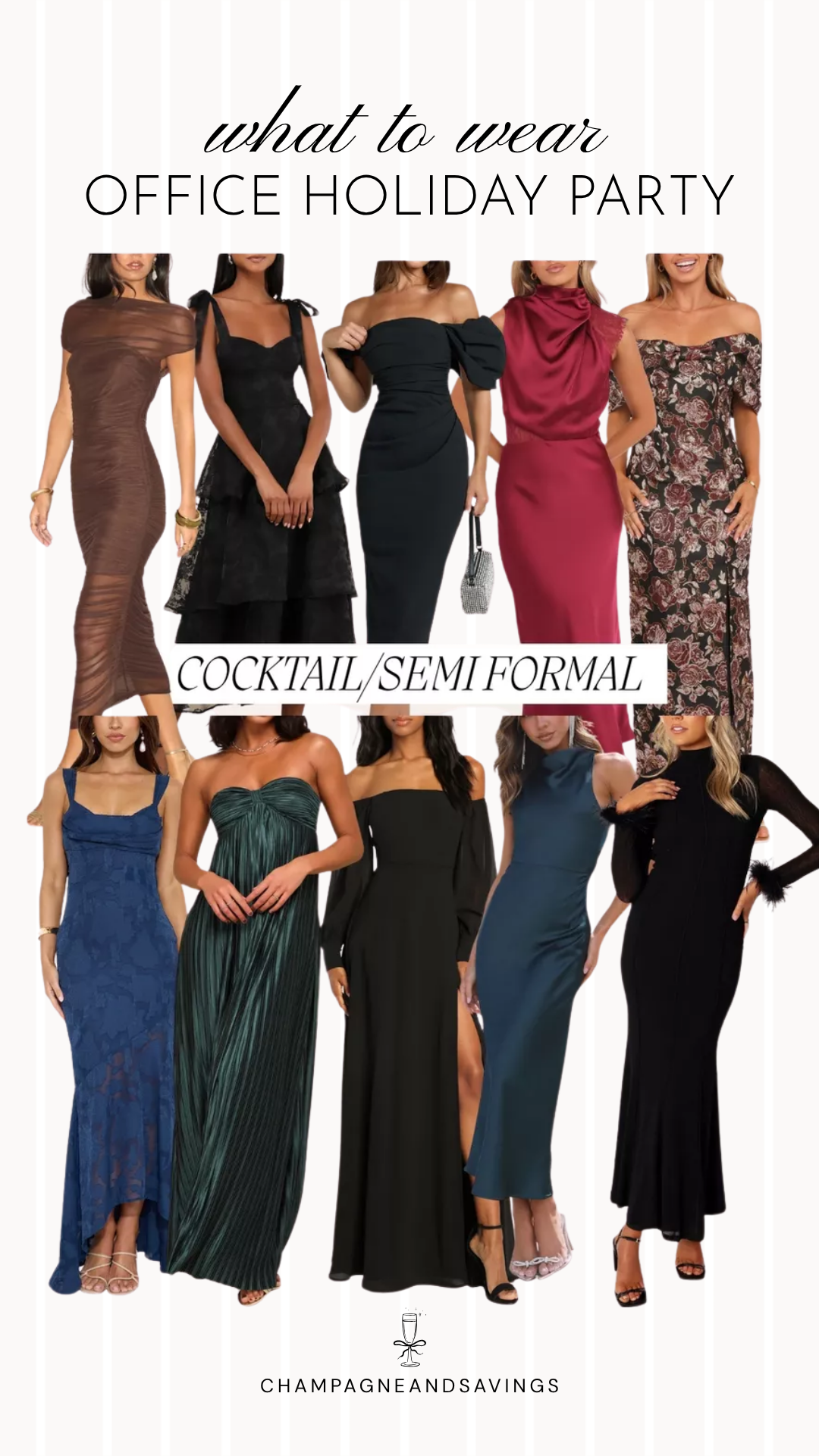 Image that says What to Wear Office Holiday Party Cocktail/Semi Formal and has a collage of outfit ideas.