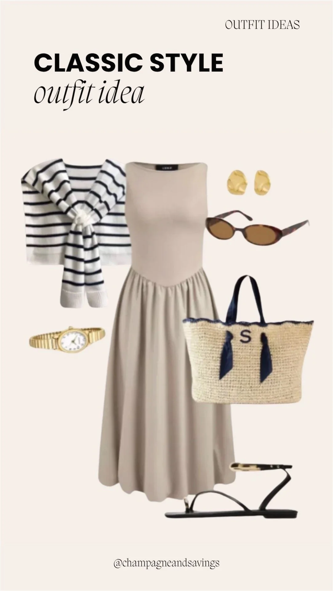 Image of a classic outfit collage featuring a striped sweater layered over a taupe midi dress with flat sandals styled together with coordinating accessories arranged as outfit pieces