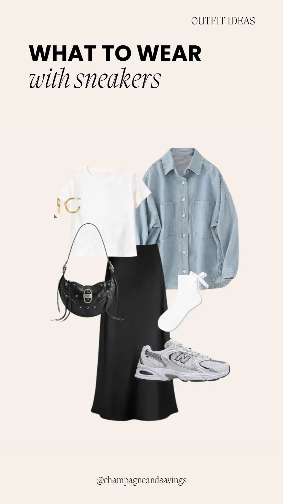 Collage showing a satin skirt paired with dad sneakers for a chic, casual look.