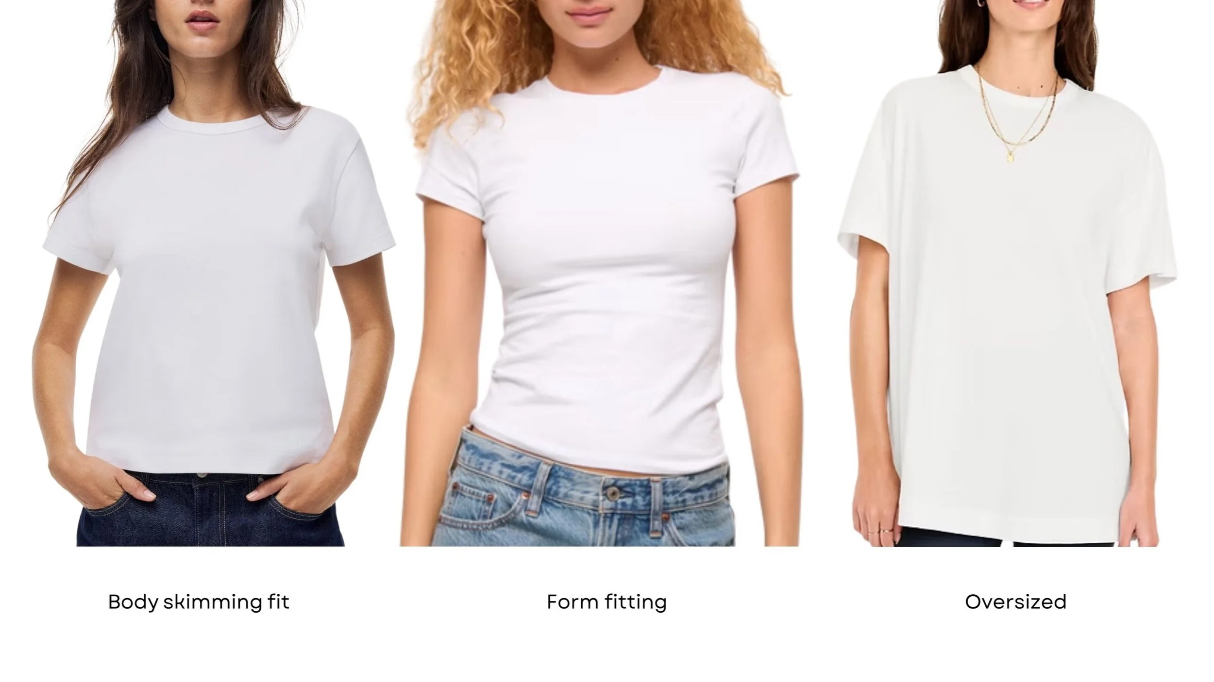 Image showing three styles of white t-shirts: a body-skimming standard white tee, a tight-fitting white tee or bodysuit, and an oversized or boxy fit white tee displayed side by side.