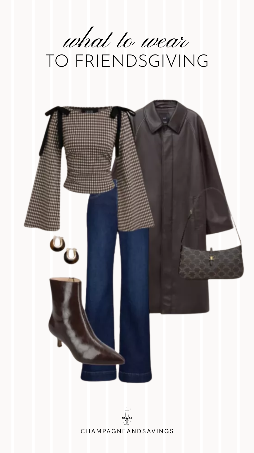 Friendsgiving outfit idea featuring a plaid tie-sleeve top layered with a long coat and denim, styled together in a fall fashion collage for a cozy and polished holiday gathering.