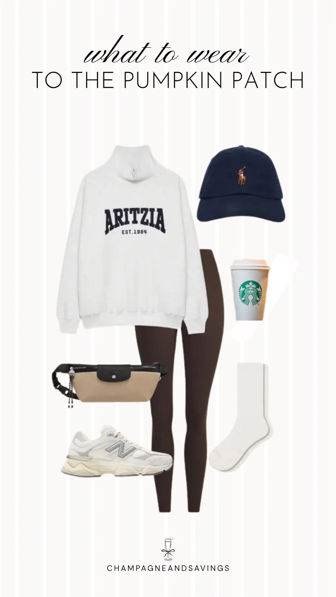 Collage of outfit pieces featuring a quarter zip sweatshirt styled with leggings and sneakers for a comfy pumpkin patch outfit idea with a casual sporty fall vibe.