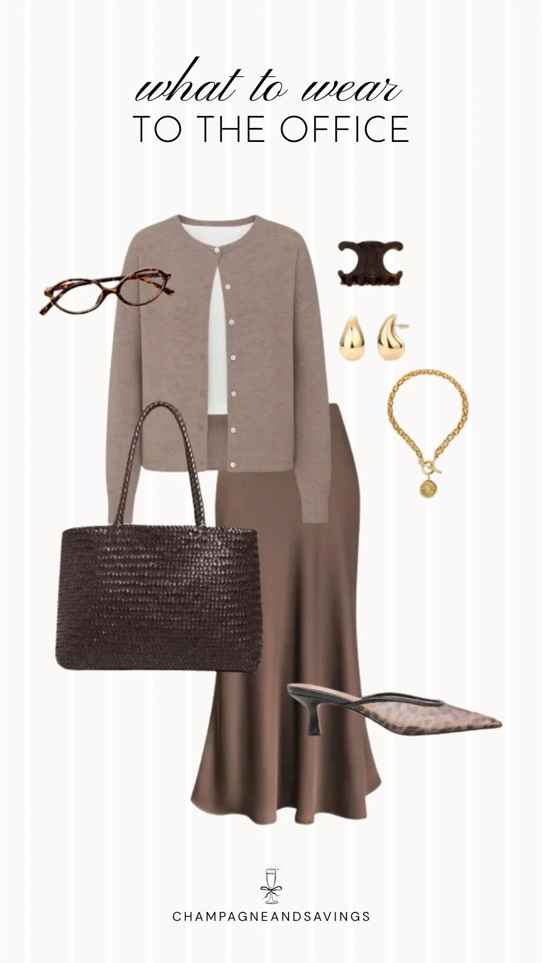 Collage of outfit pieces featuring a taupe cardigan paired with a satin skirt and leopard print mules for a polished outfit that combines soft neutrals with a stylish statement accent.