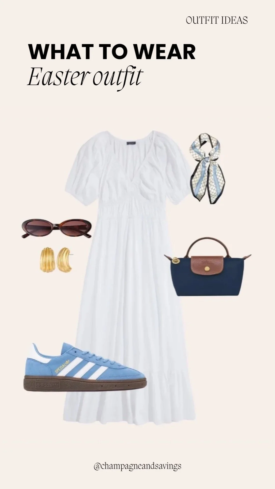 Easter outfit ideas collage showing a white puff sleeve maxi dress paired with blue sneakers and coordinating accessories.