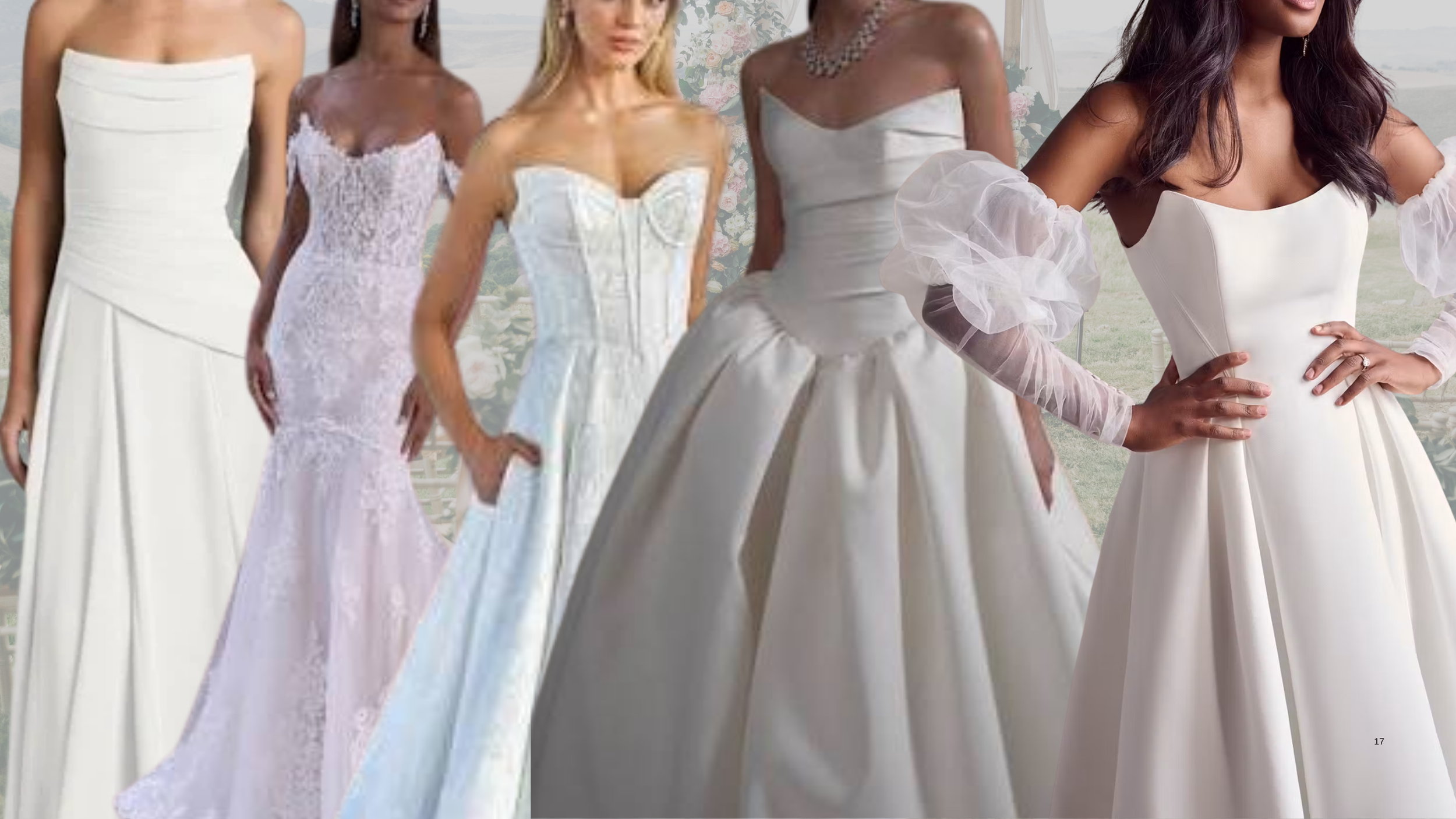 Collage of trending wedding gowns for 2027 featuring cat-eye necklines.