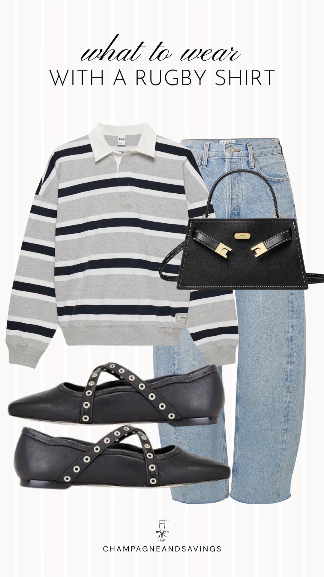A trendy rugby shirt outfit featuring a classic rugby shirt paired with barrel jeans and Mary Jane flats, creating a modern yet feminine look that balances relaxed comfort with polished style.